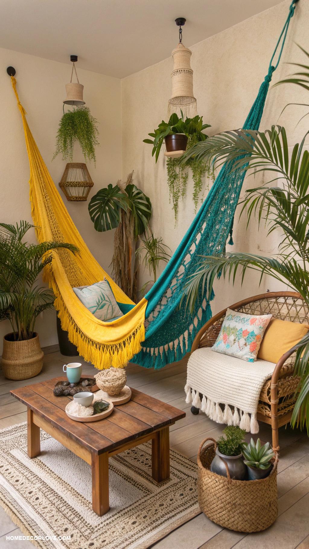 warm tropical home decor ideas Cozy hammocks for relaxation and comfort
