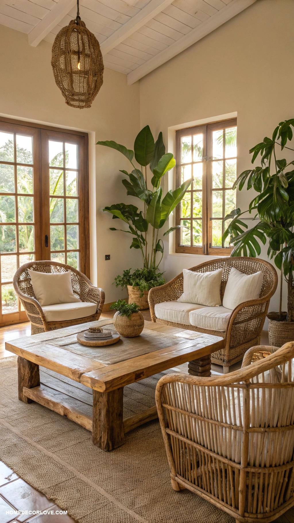warm tropical home decor ideas Natural wood furniture for earthy warmth