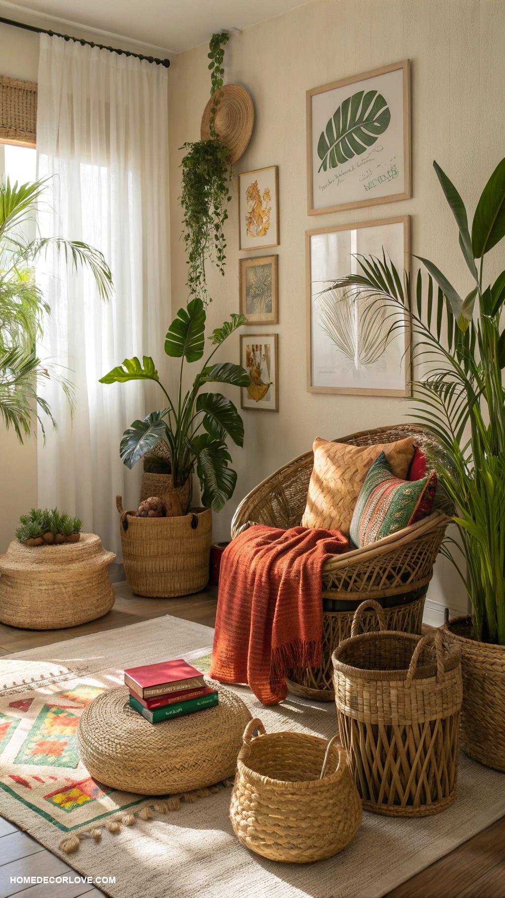 warm tropical home decor ideas Woven baskets for stylish storage solutions