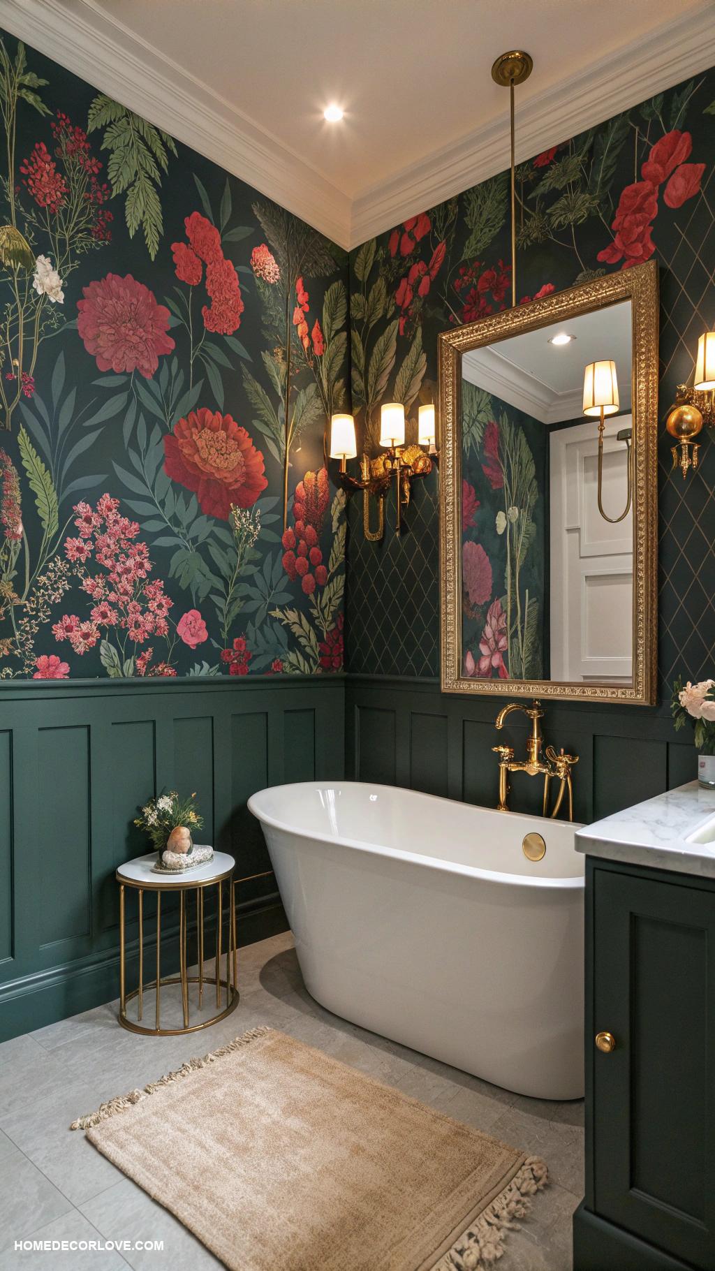 aesthetic bathroom Bold wallpaper with soft lighting