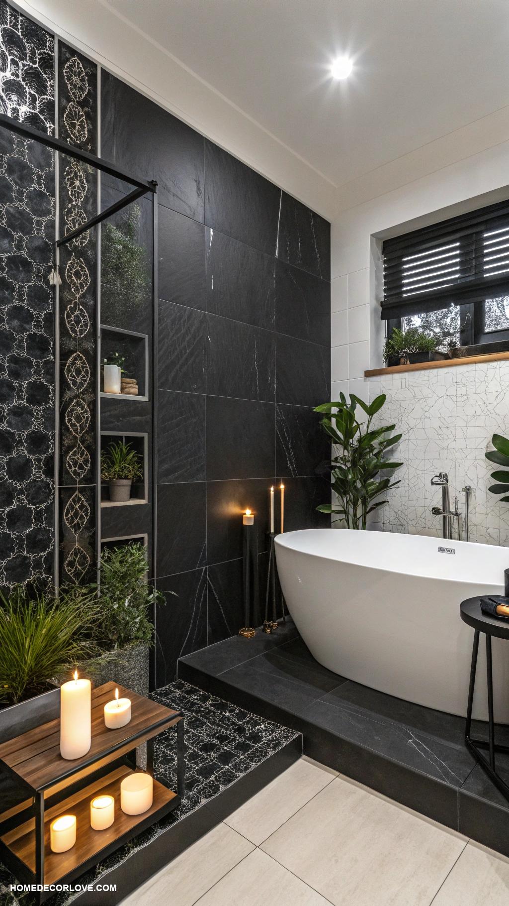 black bathroom Black accent tiles for bold contrast