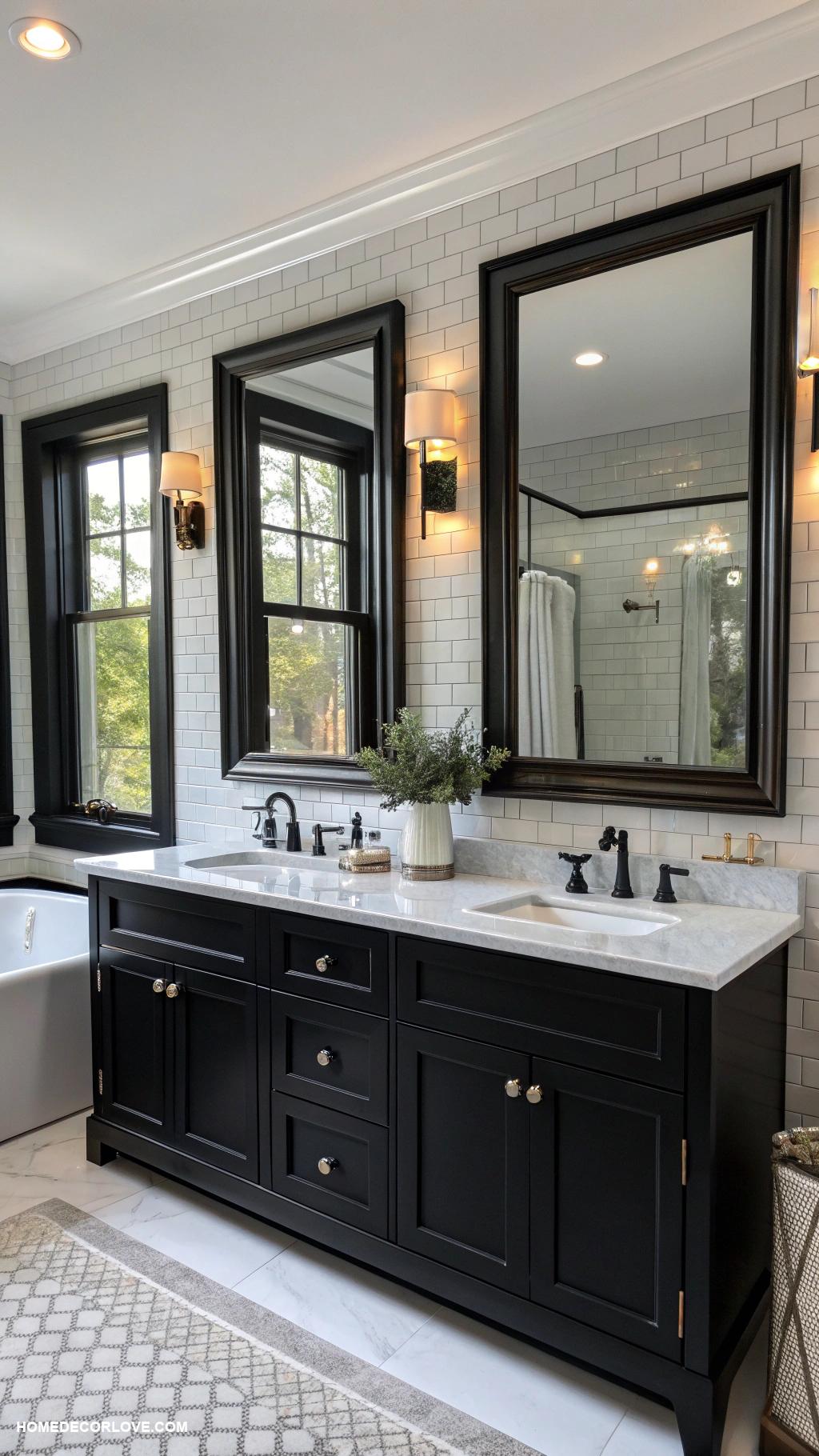 black bathroom Black framed mirrors to enhance depth