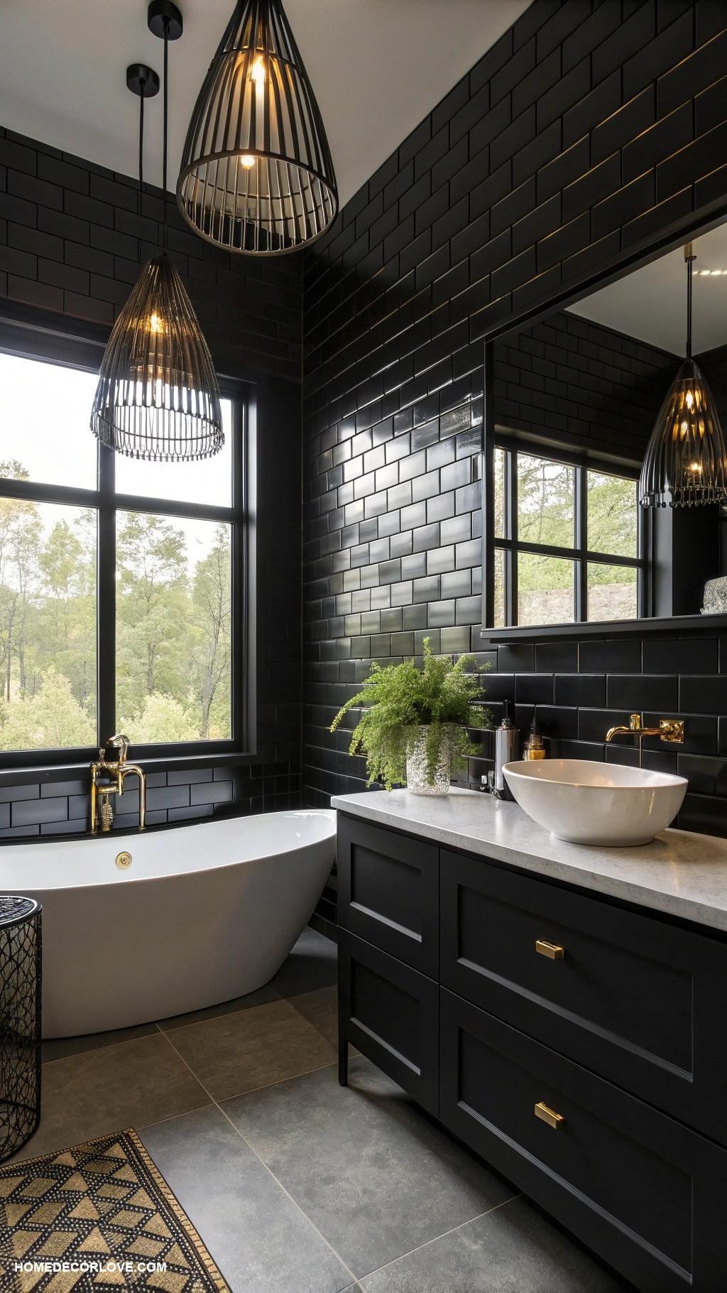 black bathroom Black lighting fixtures to illuminate space