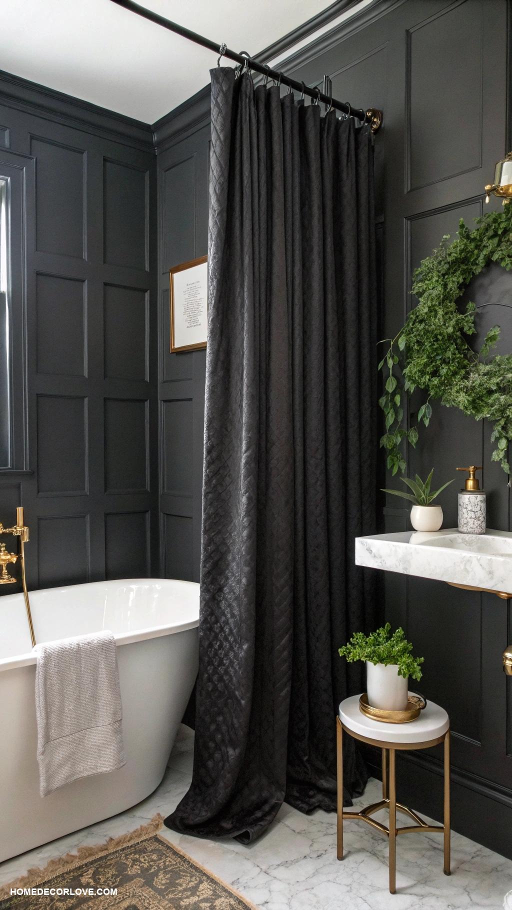 black bathroom Black shower curtain for a chic touch