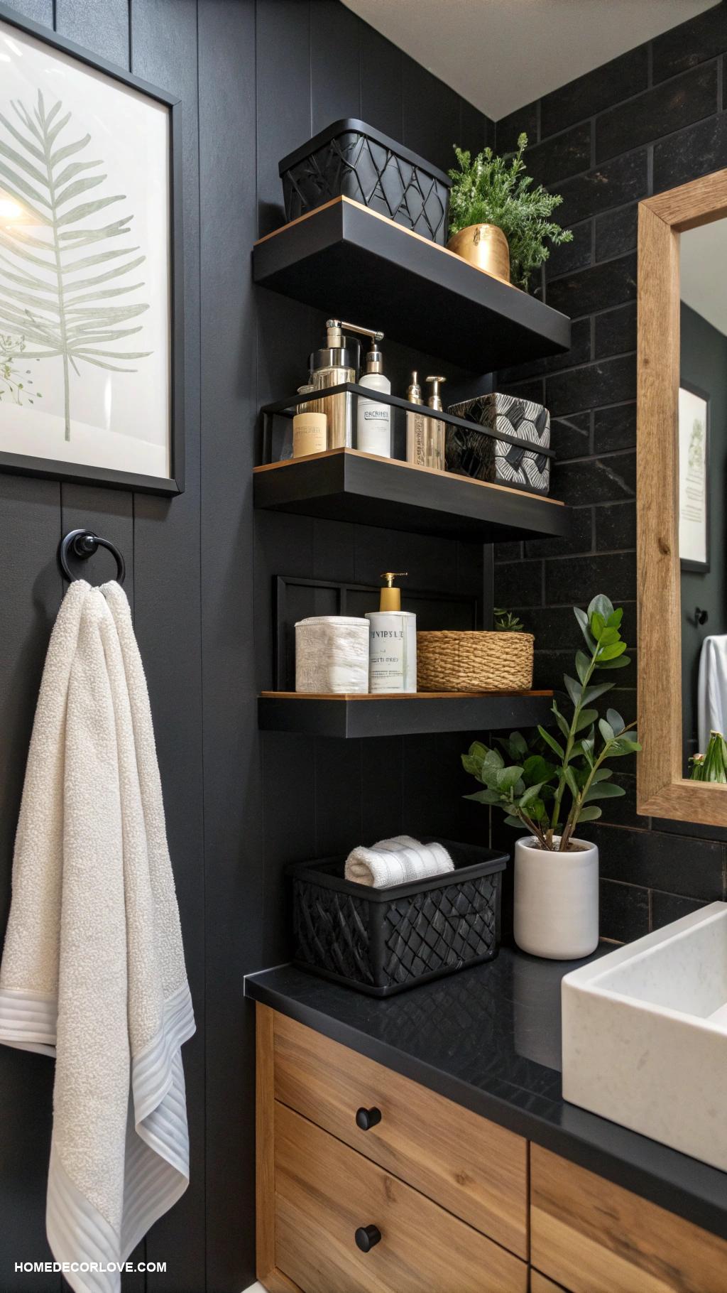 black bathroom Decorative black shelves for stylish storage