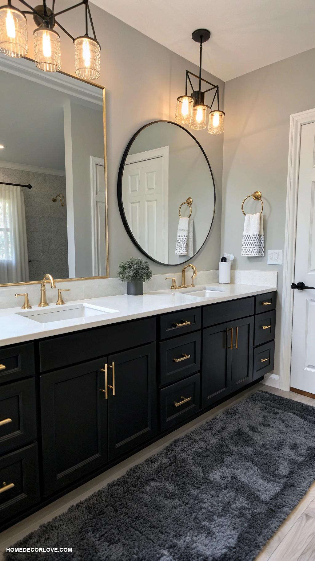 black bathroom White countertops with black cabinets