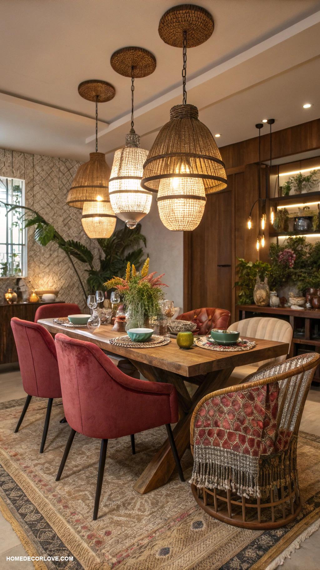 boho dining room Ambient lighting with pendant lamps