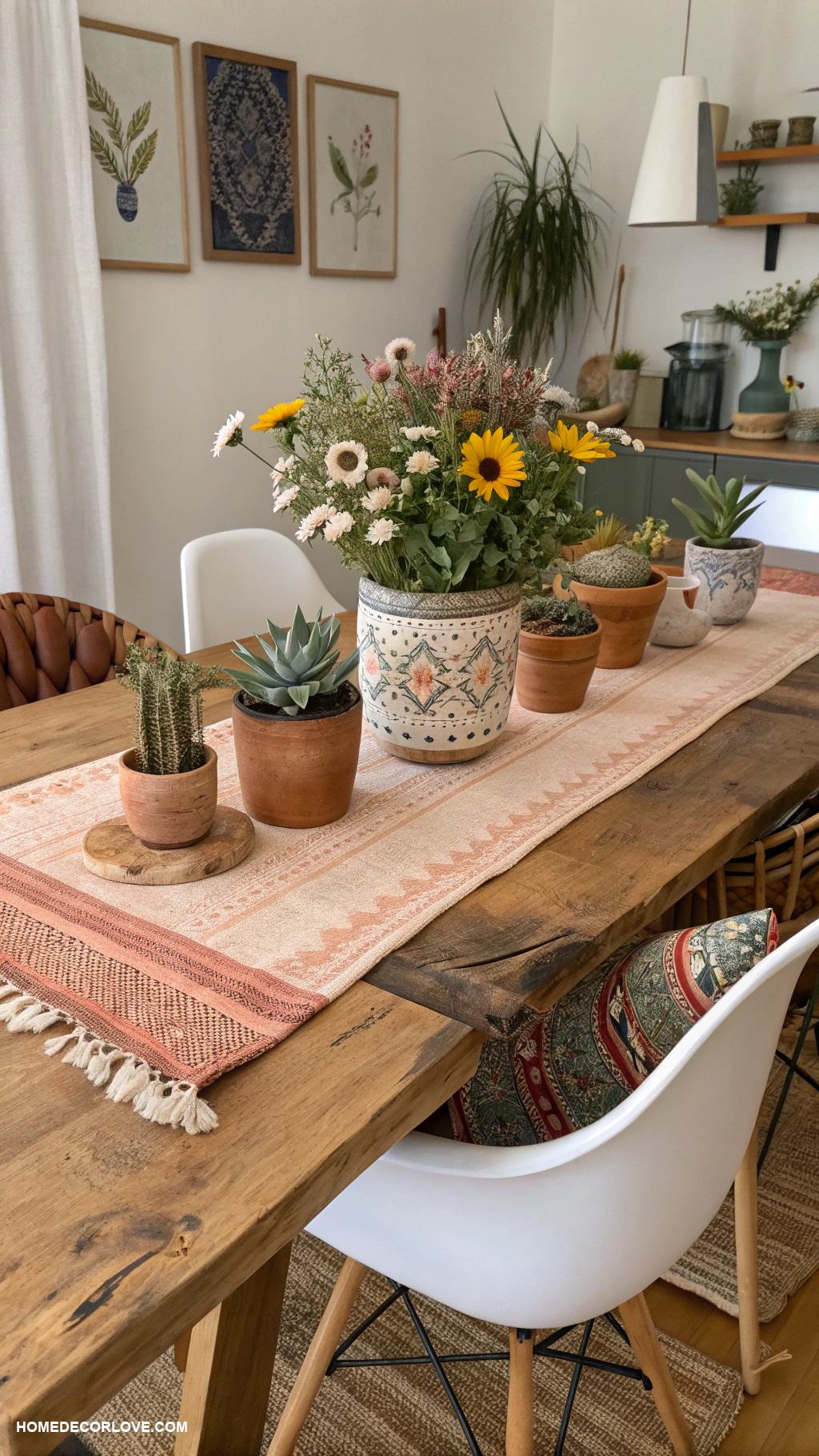 boho dining room Natural wood dining table centerpiece