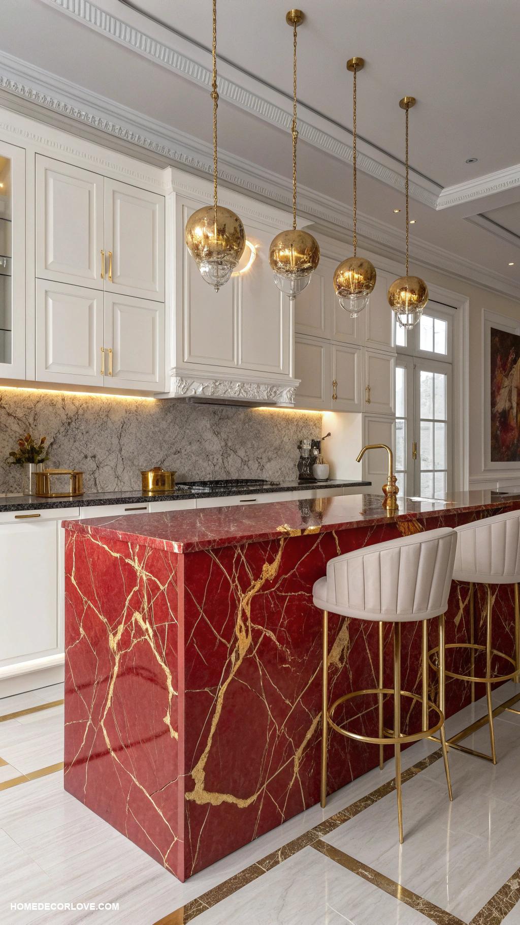 colorful marble kitchens Bold red marble countertop with gold accents