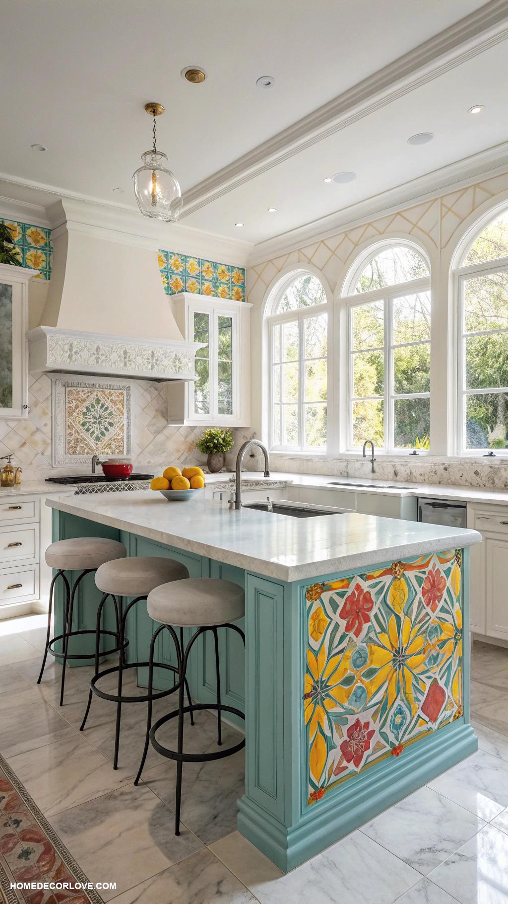 colorful marble kitchens Classic white marble with colorful accent tiles