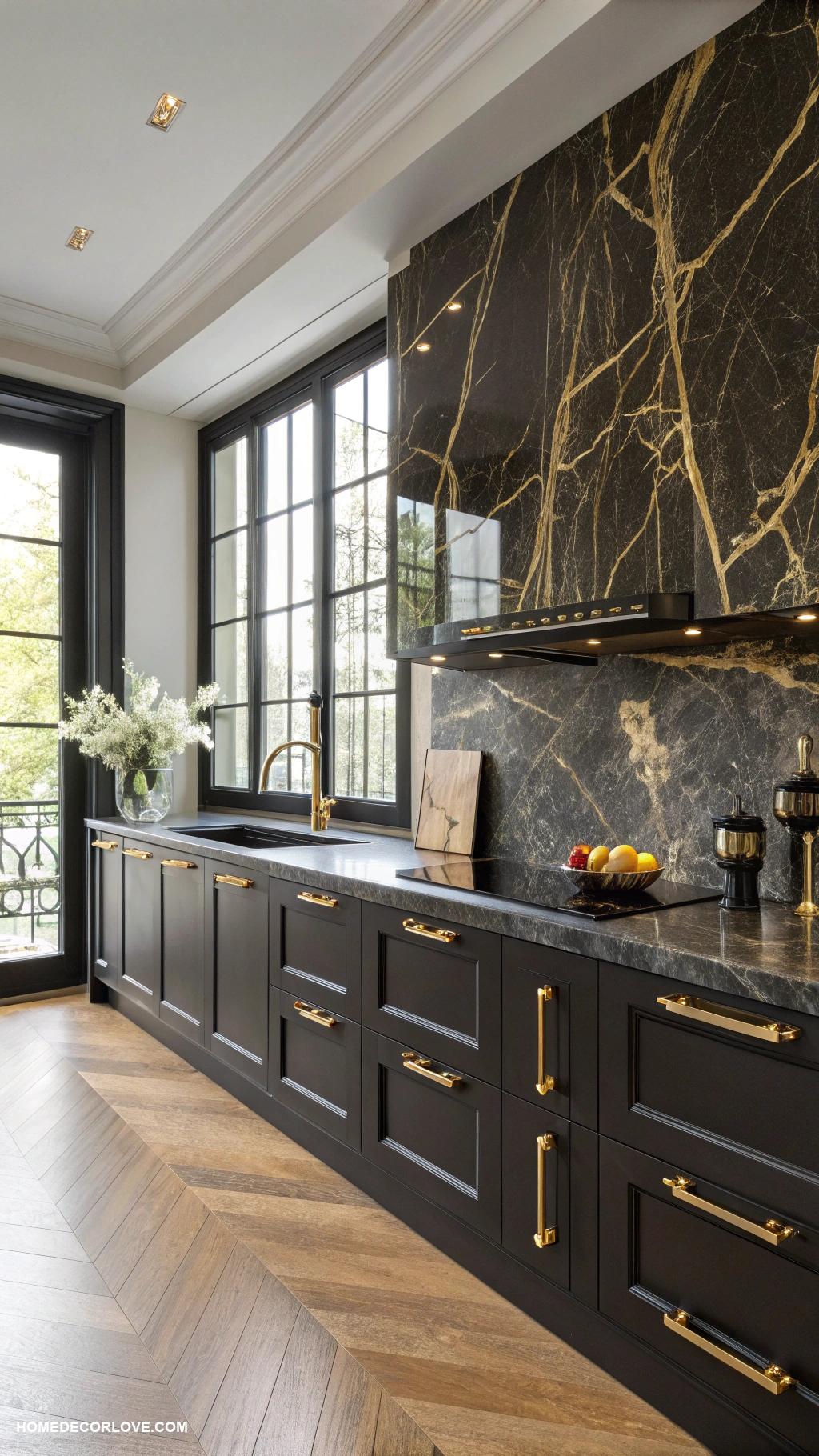 colorful marble kitchens Elegant black and gold veined marble surfaces