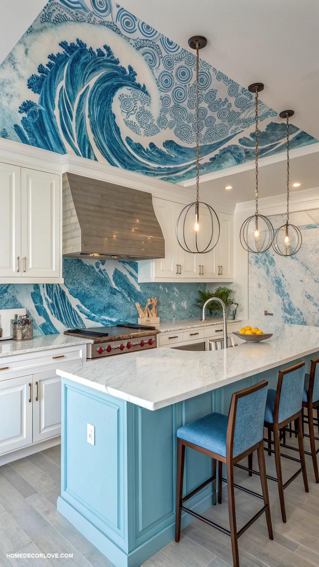 colorful marble kitchens Playful blue and white swirl marble backsplash