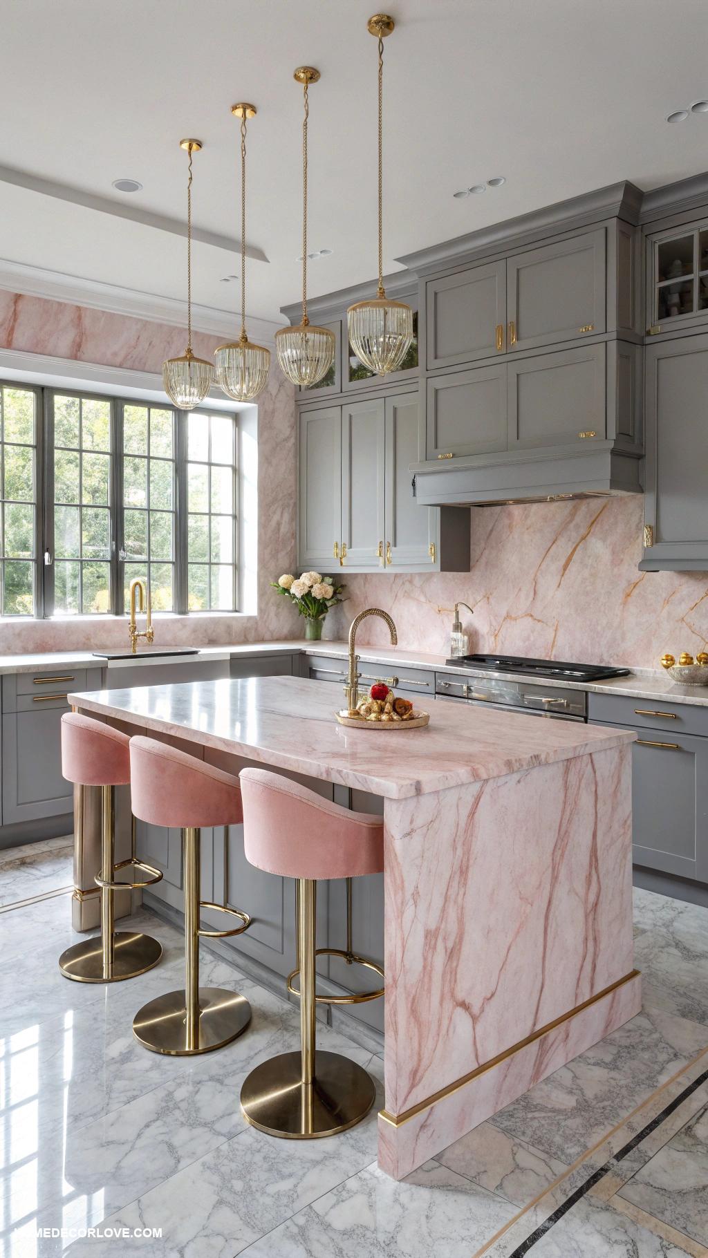colorful marble kitchens Soft pink marble paired with gray cabinetry