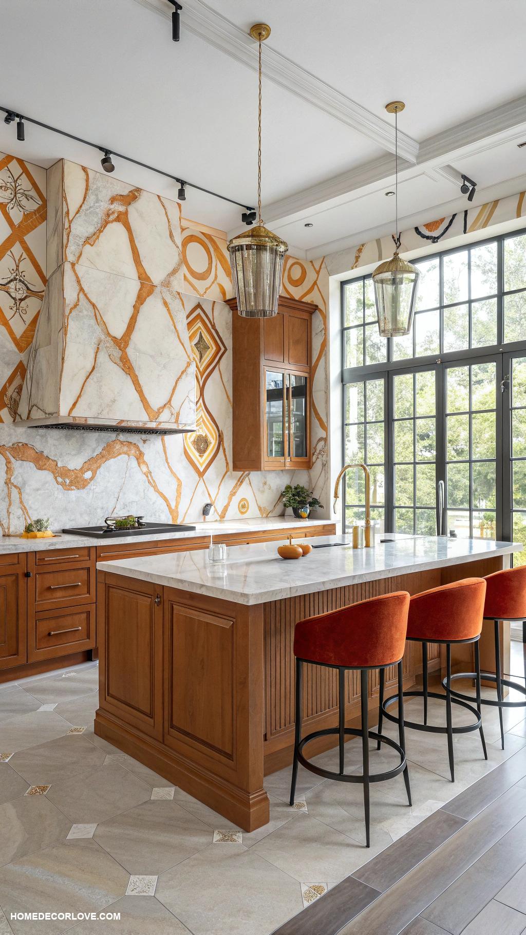 colorful marble kitchens Unique orange and white marbled wall tiles
