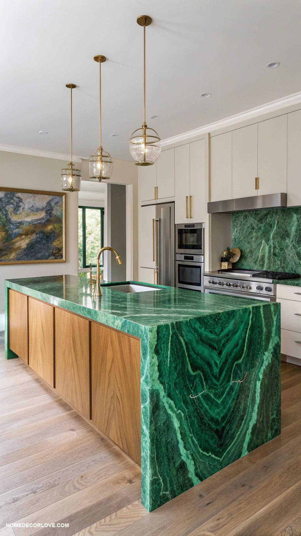 colorful marble kitchens Vibrant green marble island with natural wood