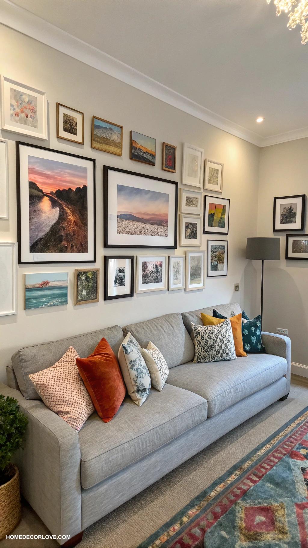 contemporary living room Gallery wall with curated artwork