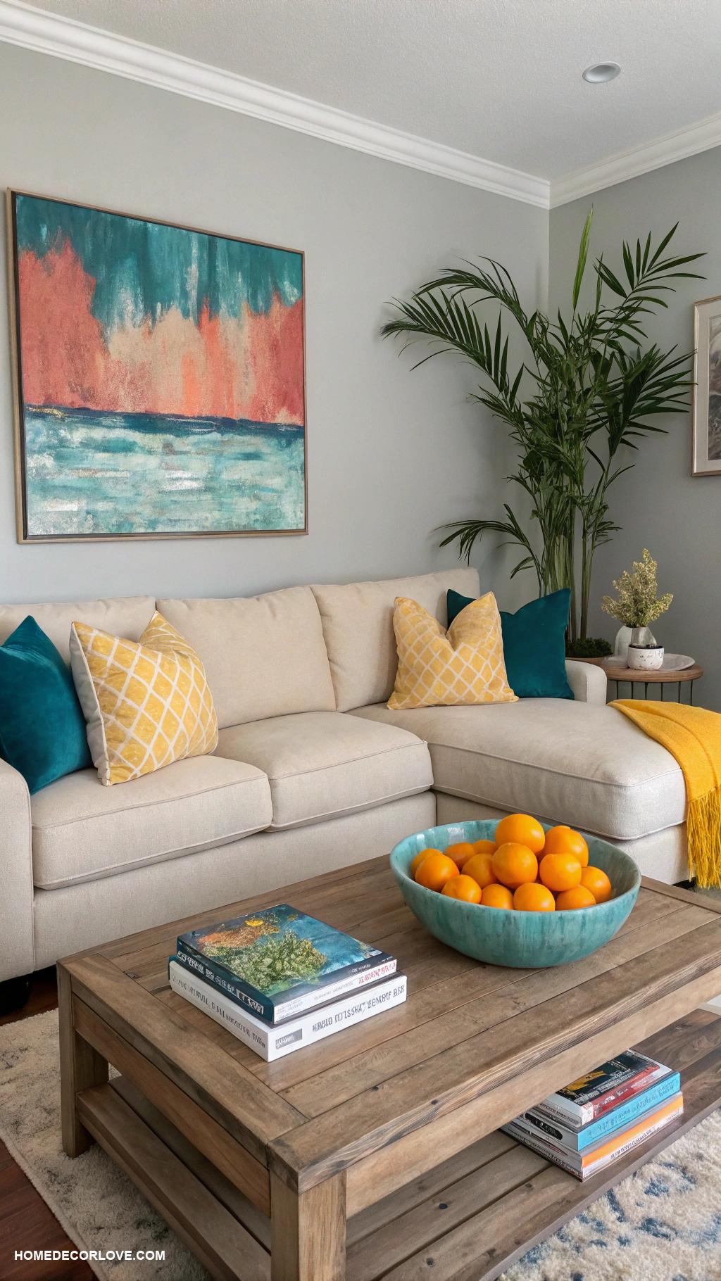 contemporary living room Neutral color palette with pops of color
