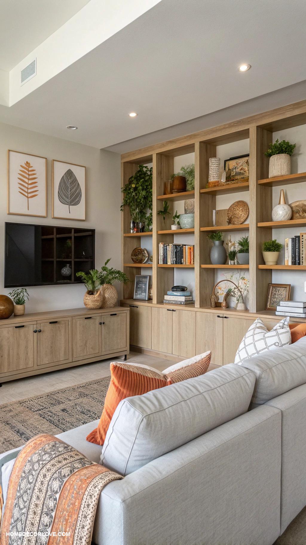 contemporary living room Open shelving for decorative displays