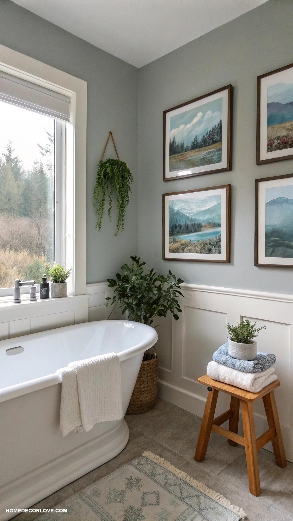cozy bathroom Hang calming artwork on walls