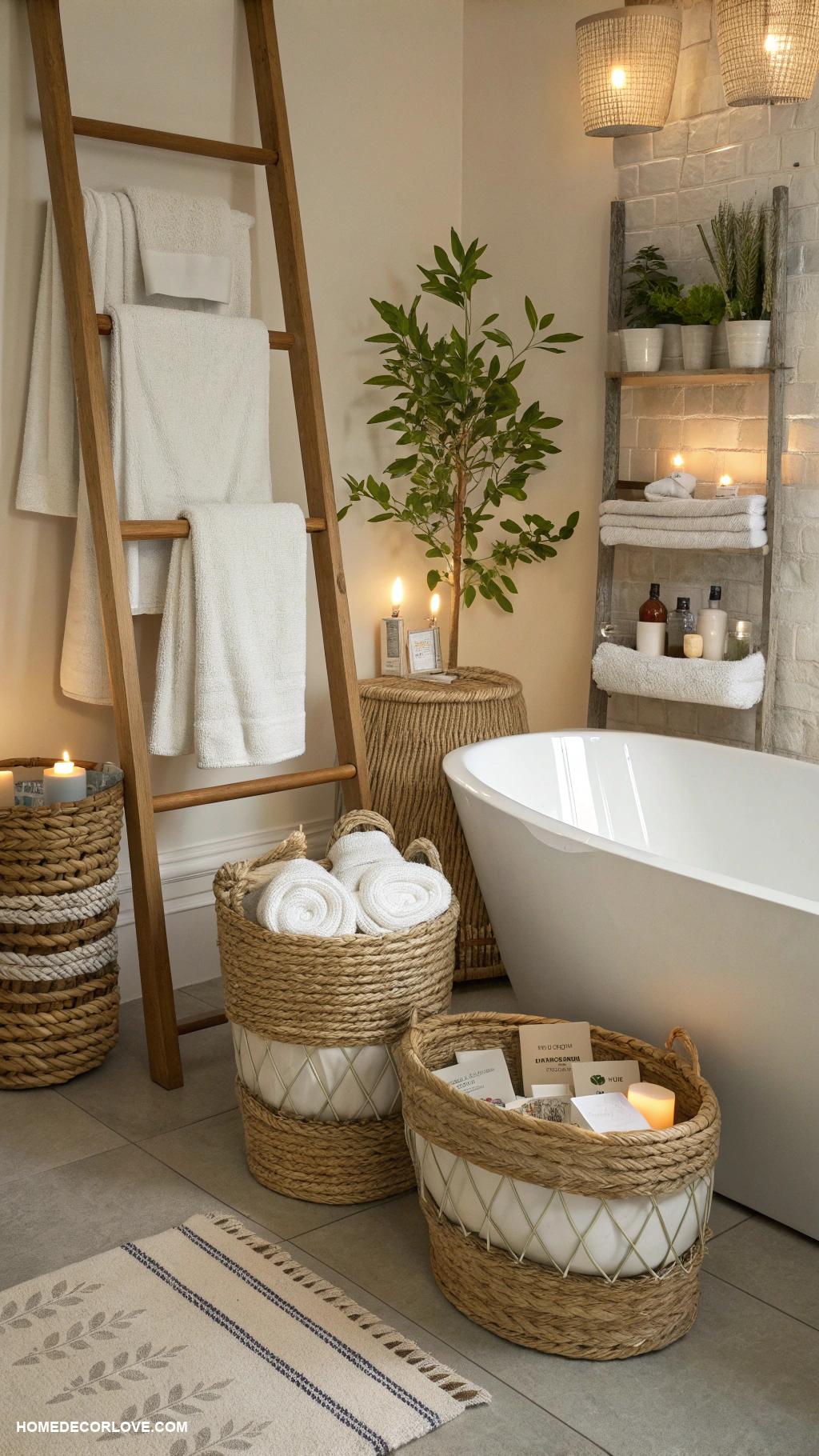 cozy bathroom Utilize decorative storage baskets