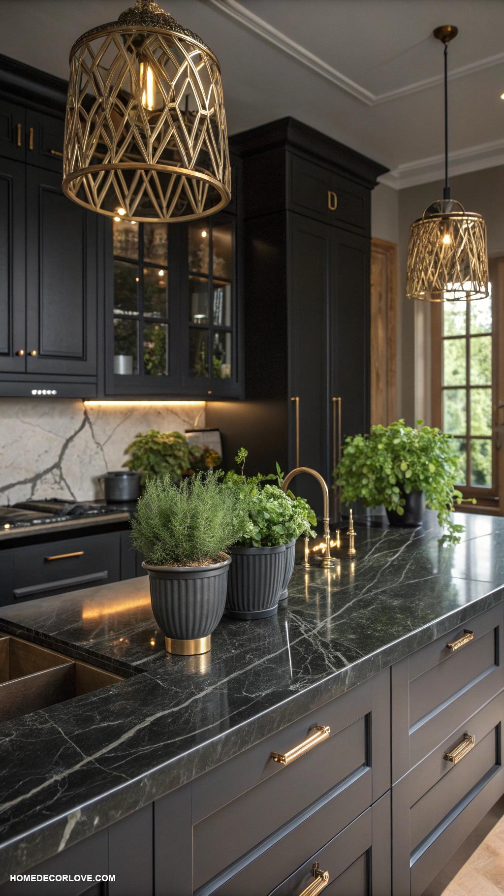 dark kitchen aesthetic Black marble countertops for elegance