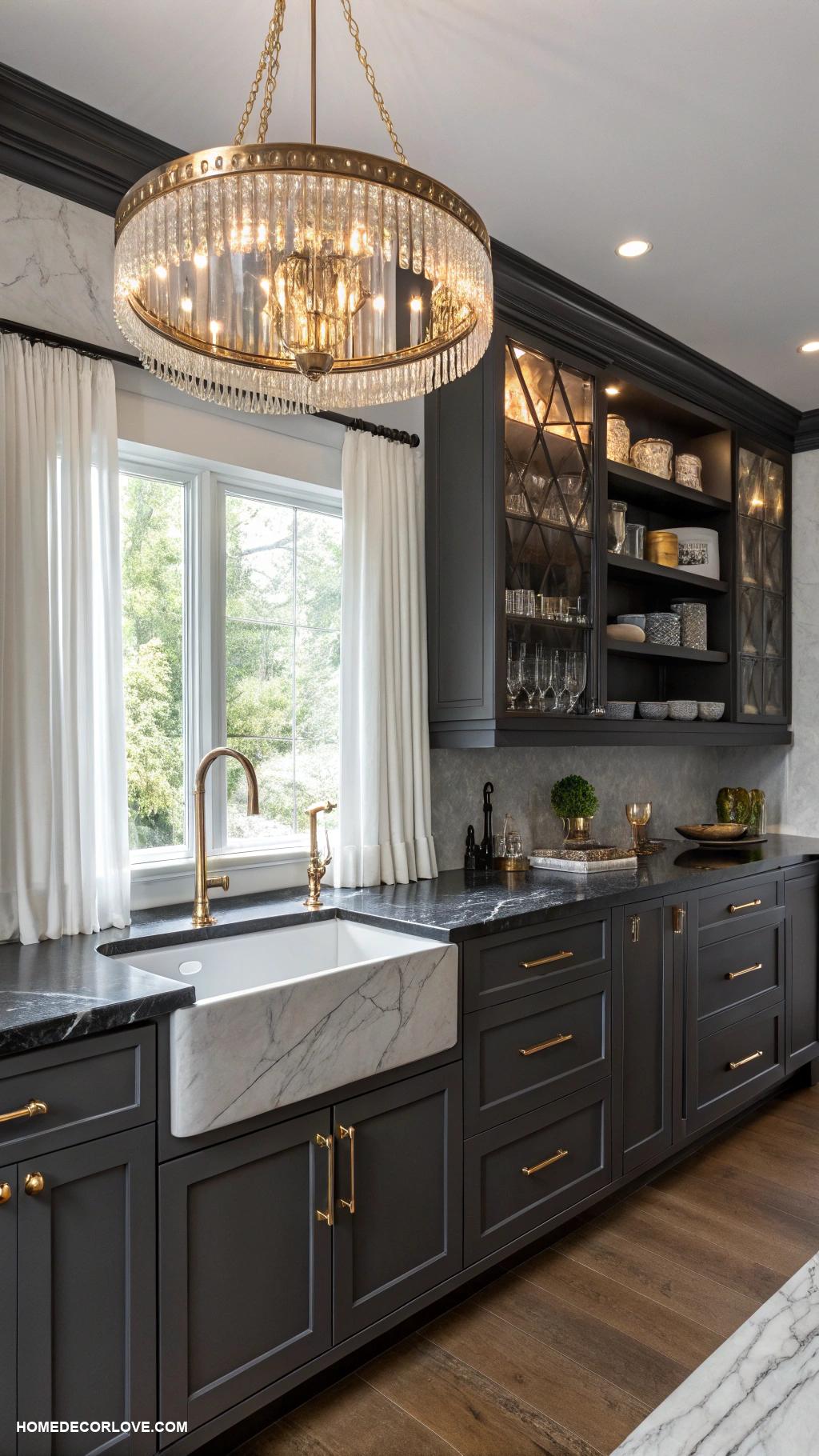 dark kitchen aesthetic Charcoal gray cabinetry with brass hardware