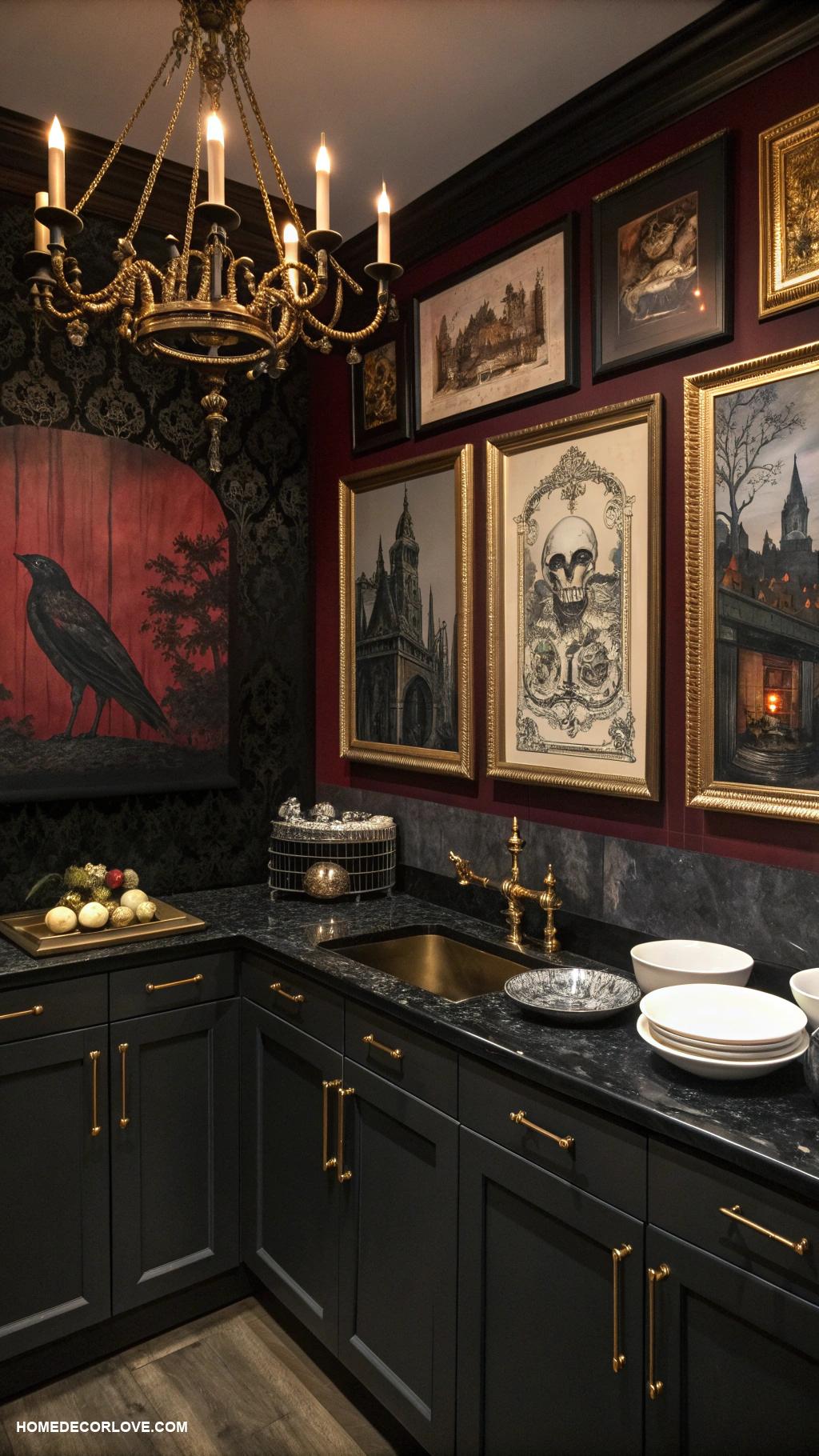 dark kitchen aesthetic Gothic art prints on dark walls