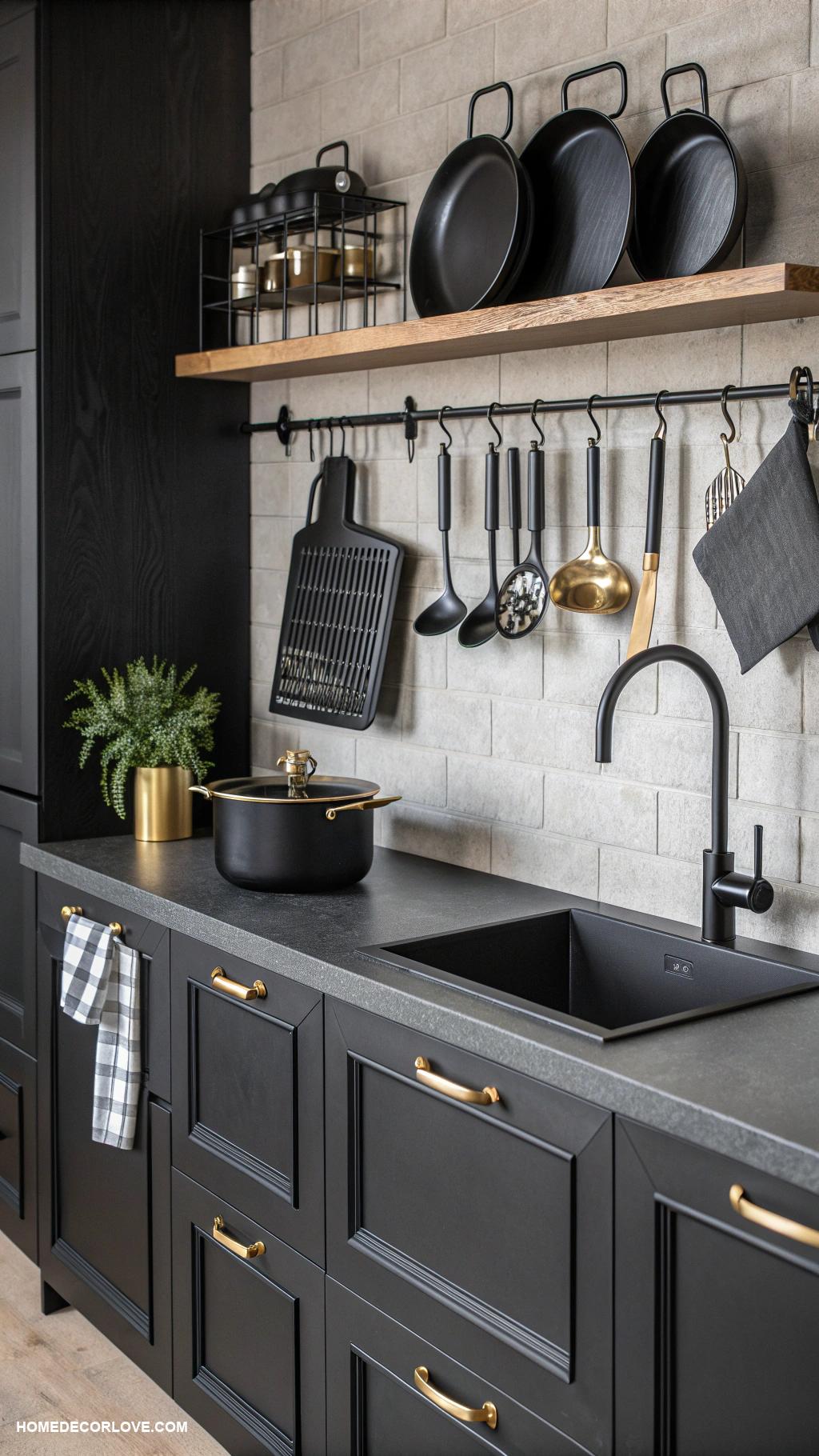 dark kitchen aesthetic Matte black kitchenware and utensils