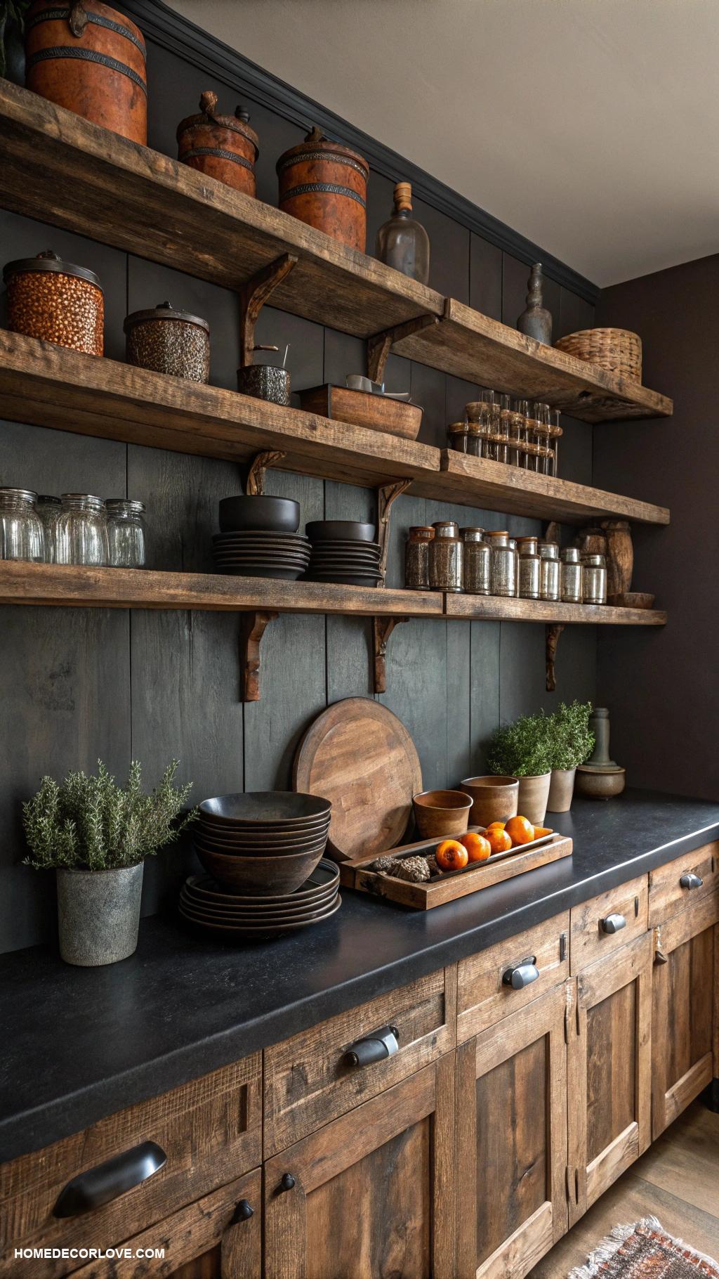 dark kitchen aesthetic Rustic wooden shelves with dark elements