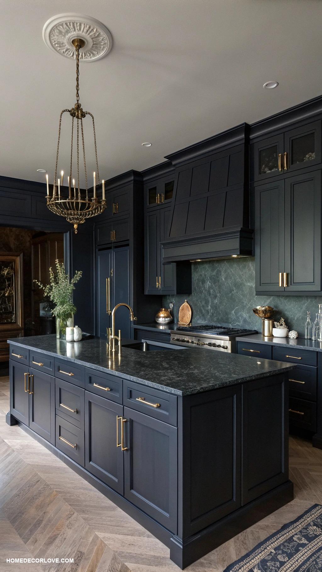 dark kitchen aesthetic Shadowy wall colors with metallic decor