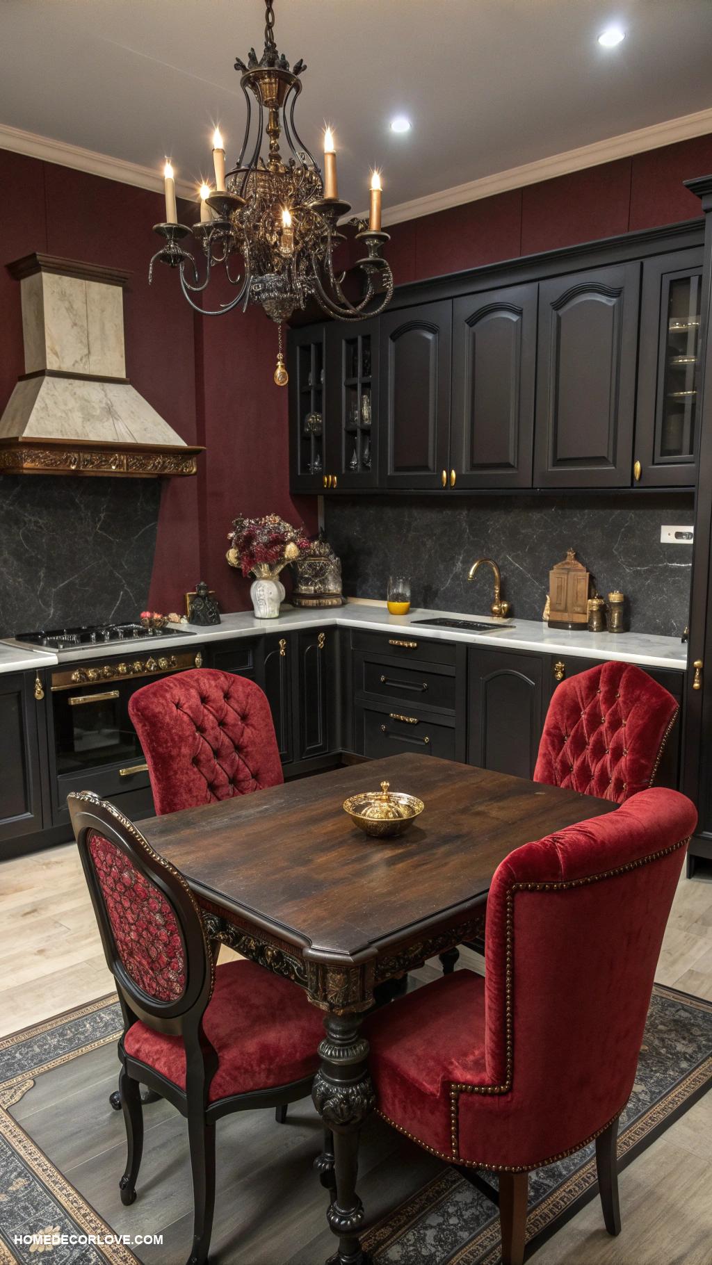 dark kitchen aesthetic Vintage furniture with deep red accents
