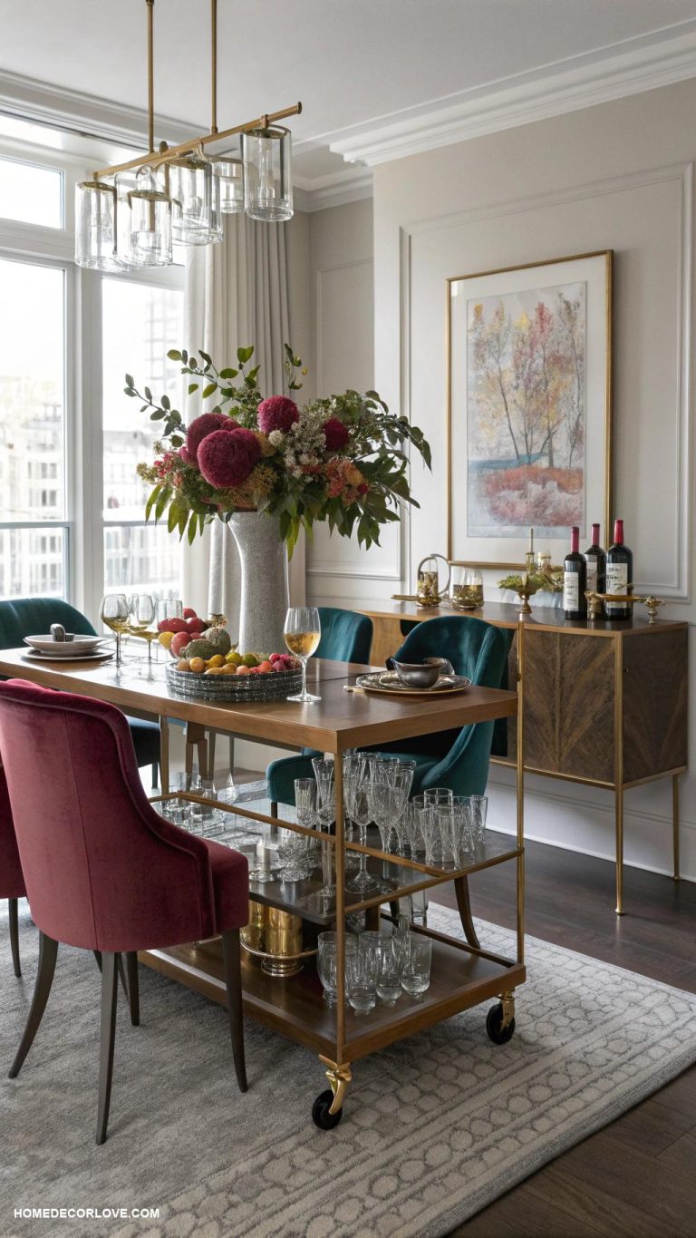 elegant dining room Stylish bar cart for entertaining guests