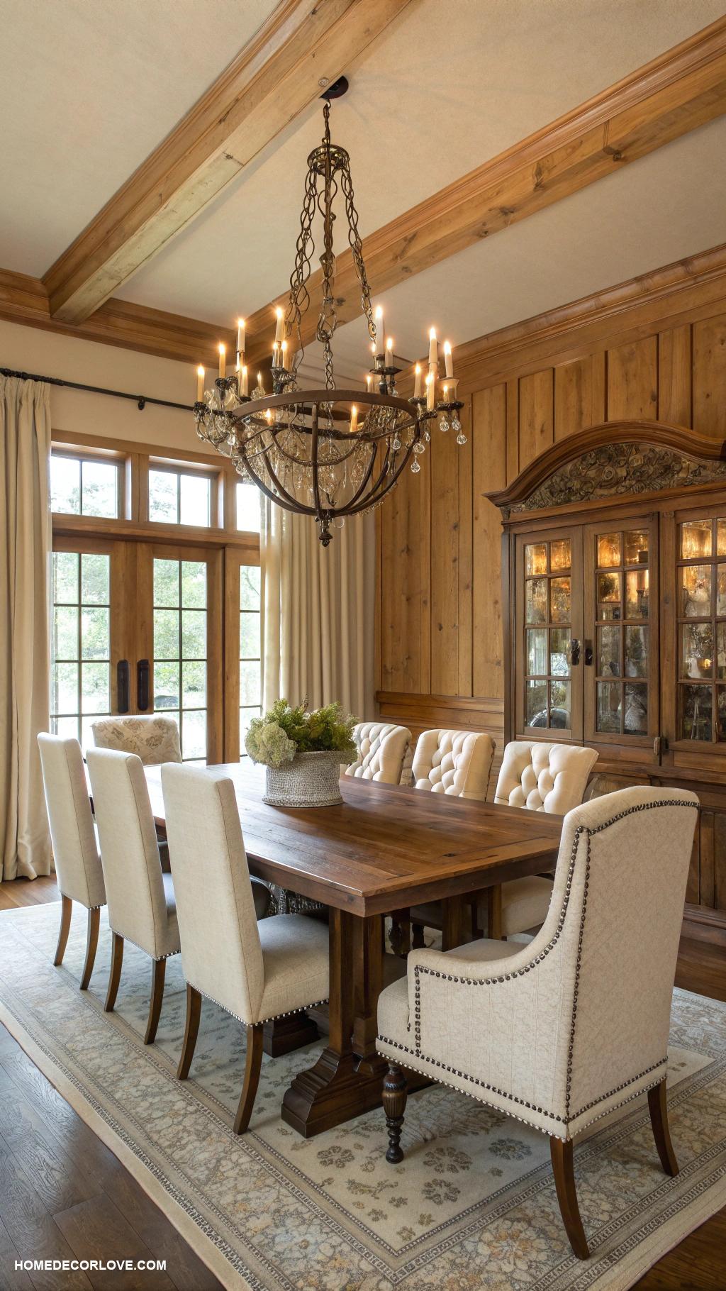 elegant dining room Warm wood tones with soft fabric details