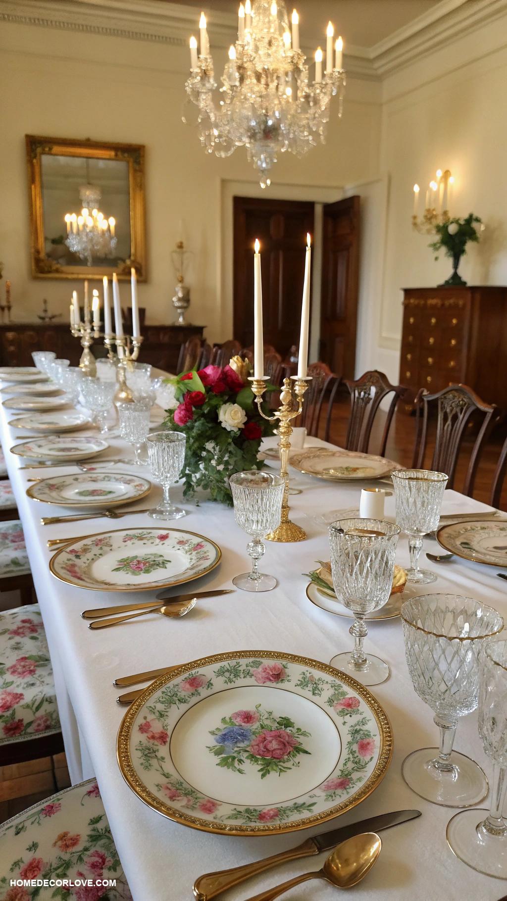 formal dining room Table settings with fine china and crystal