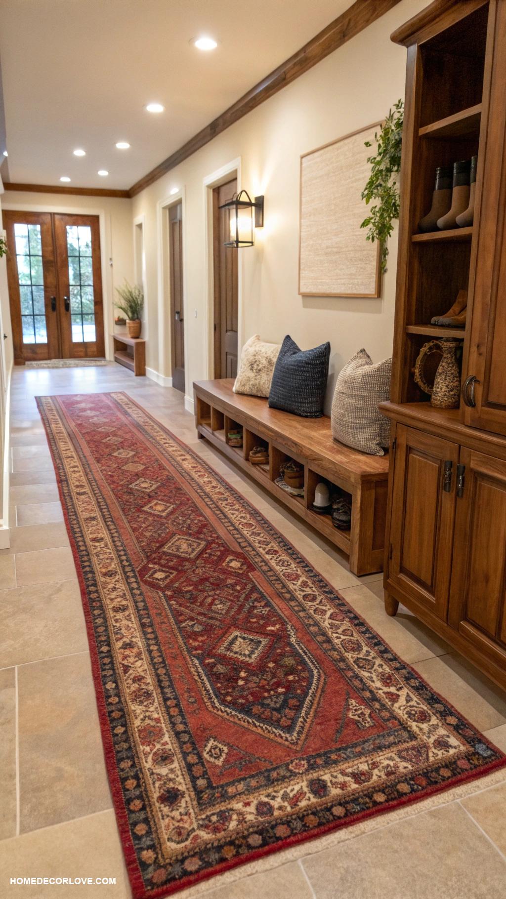 long entryway ideas Layer rugs for texture and warmth