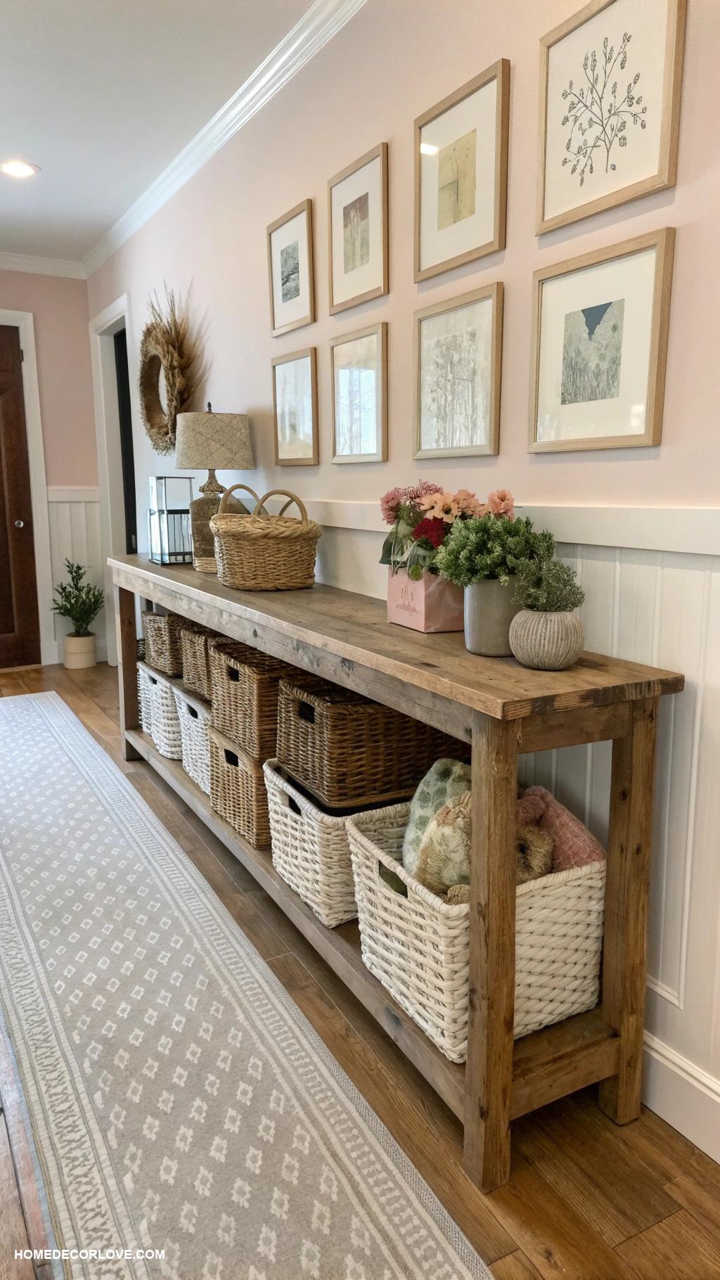 long entryway ideas Use decorative storage baskets for utility