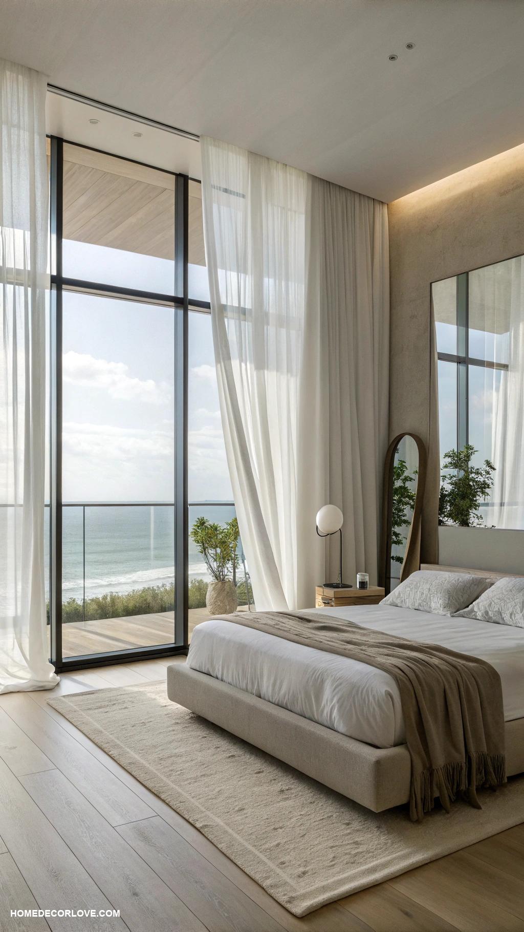 minimalist bedroom Maximize light with sheer curtains and mirrors