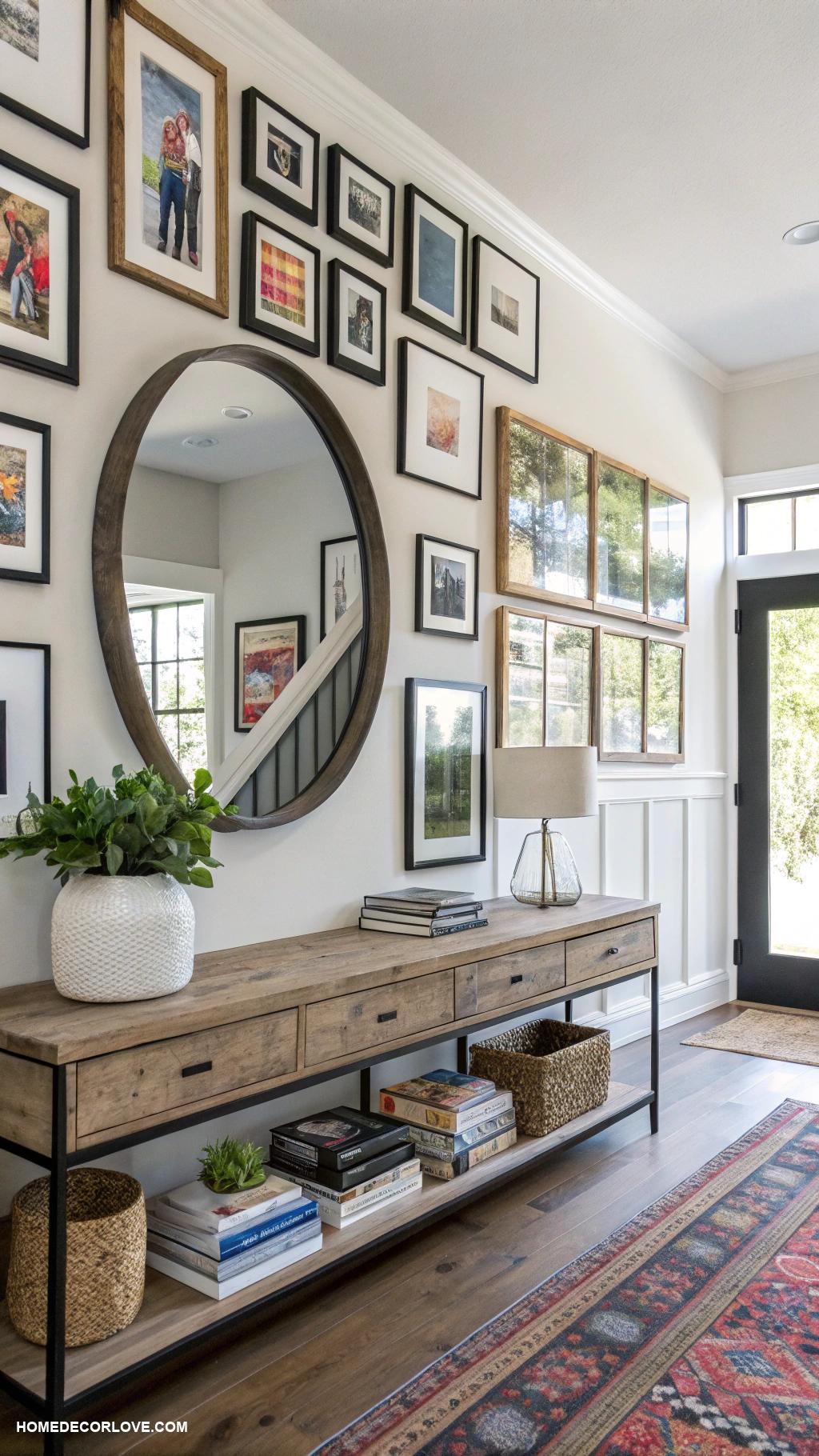 modern entryway Gallery wall with family photos and art