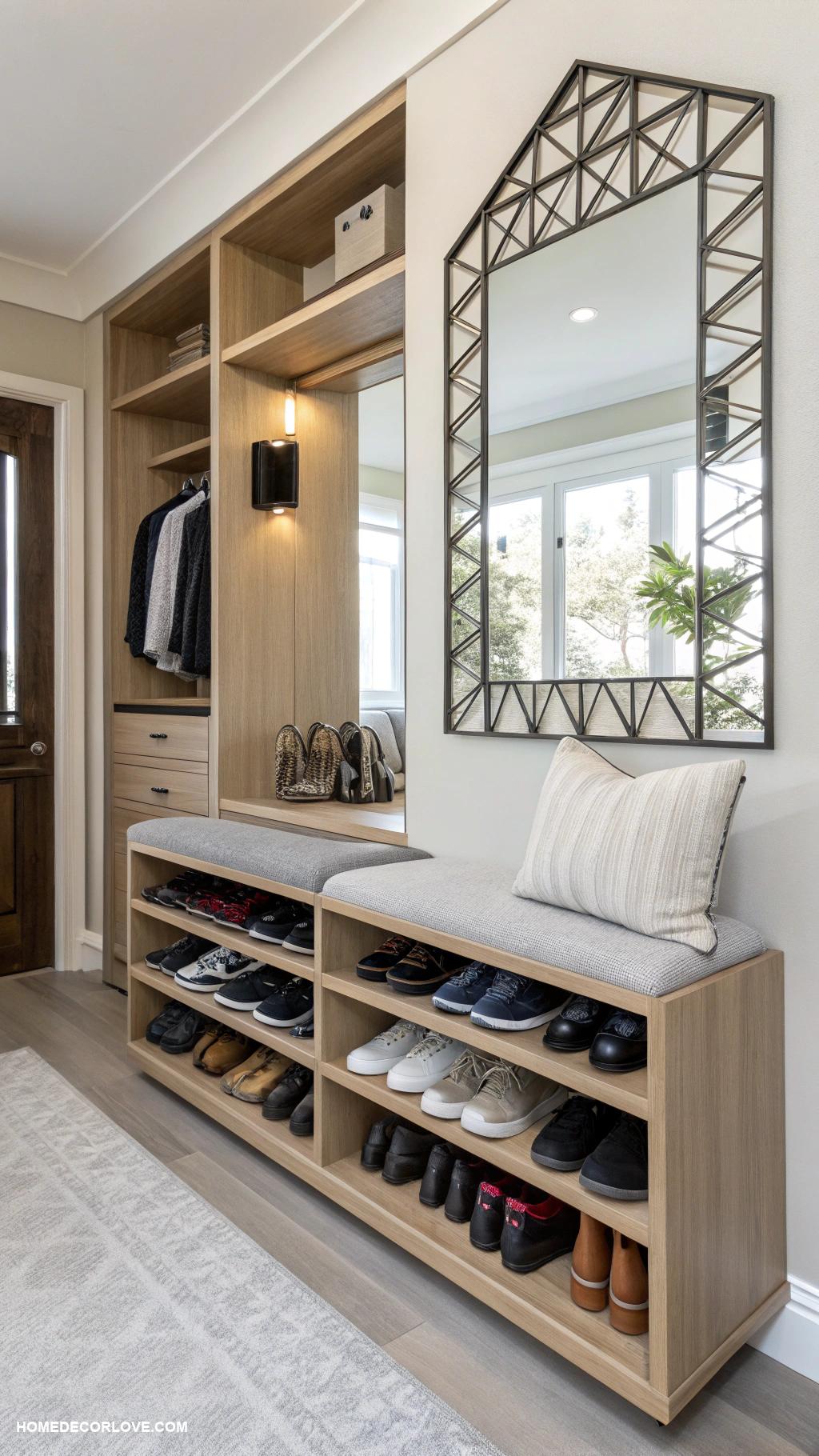 modern entryway Sleek shoe rack for organized entryway