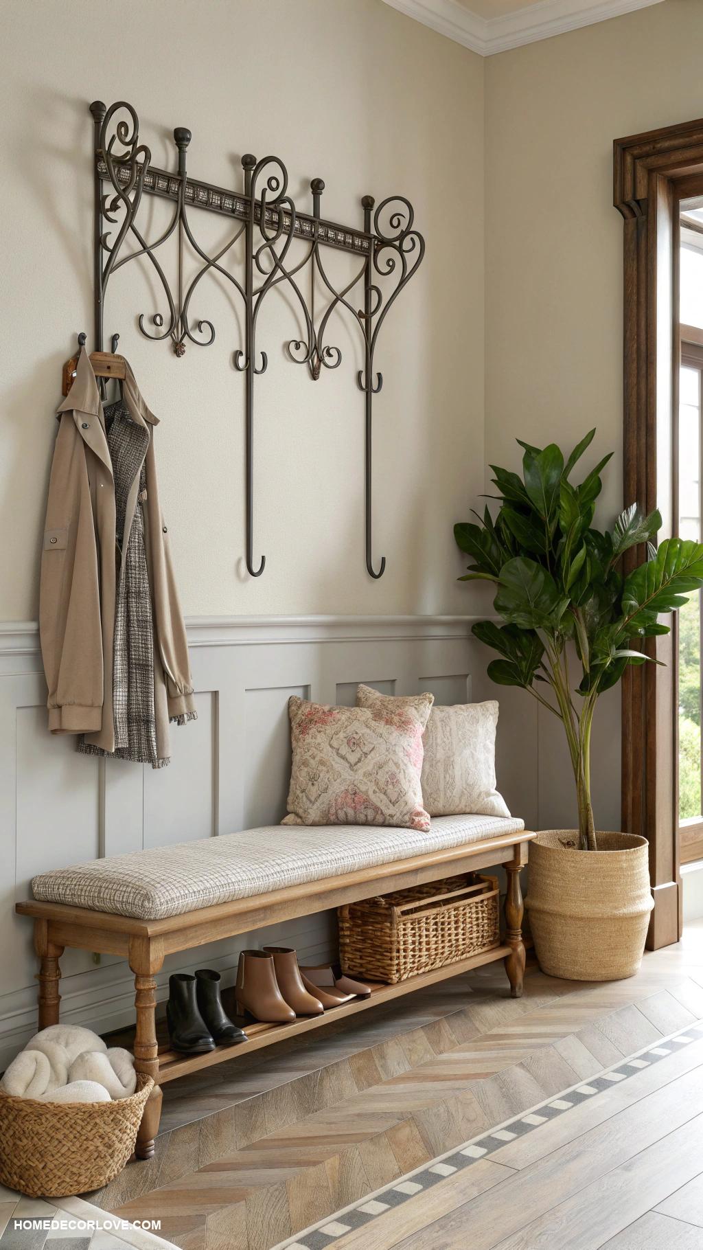 modern entryway Vintage coat hooks for functional style