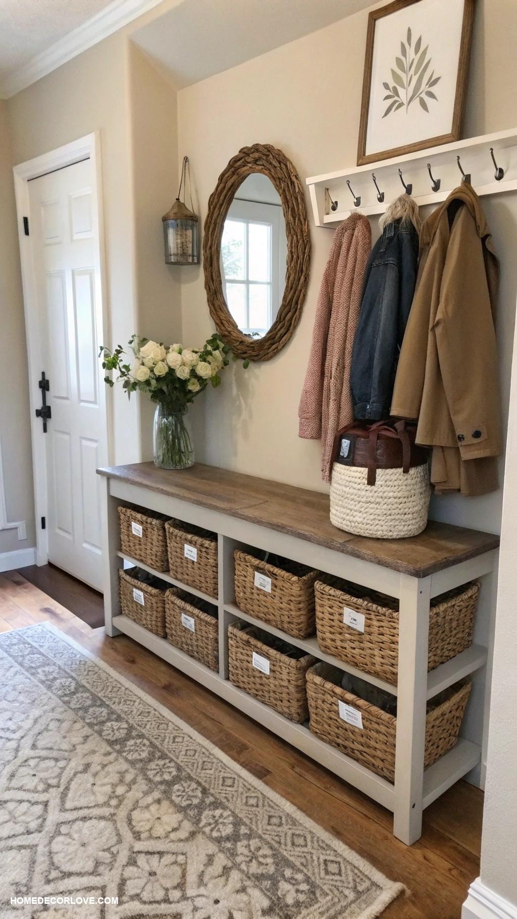 narrow entryway ideas Use baskets for shoe storage