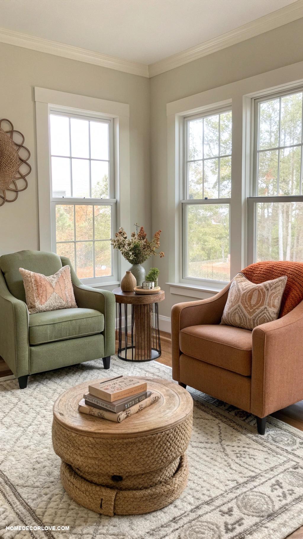 neutral living room Muted earth tone accent chairs