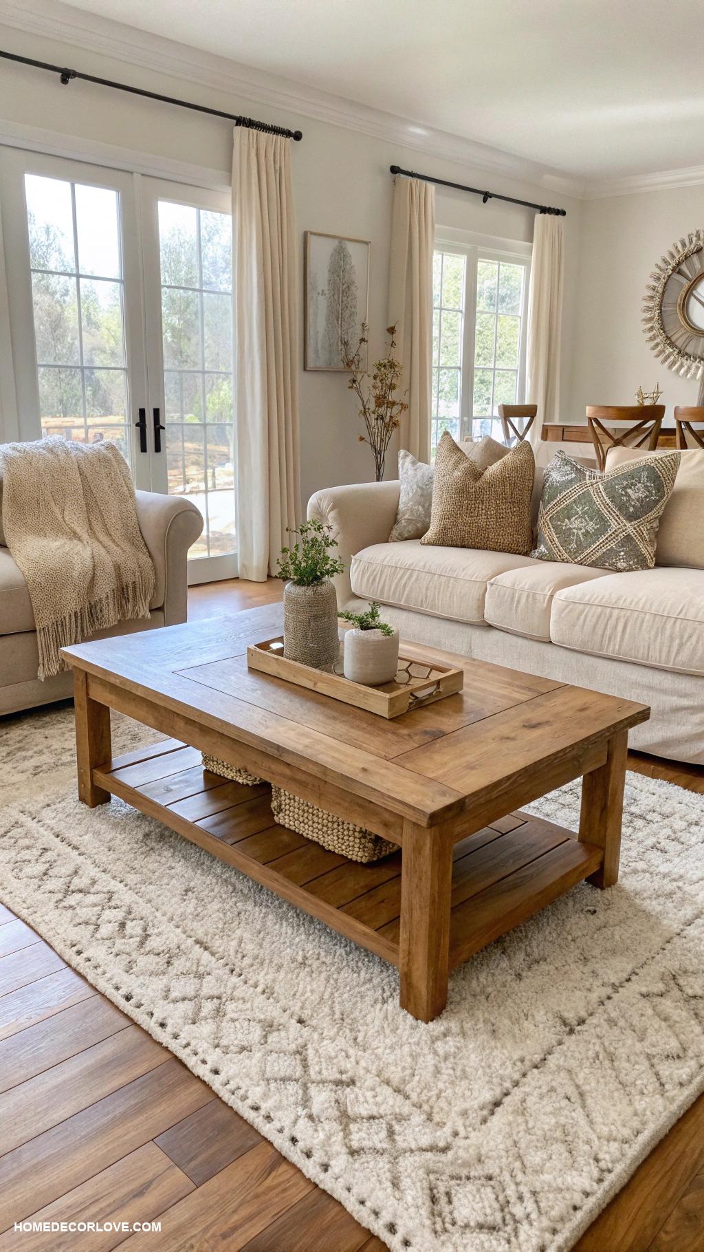 neutral living room Natural wood coffee table for warmth