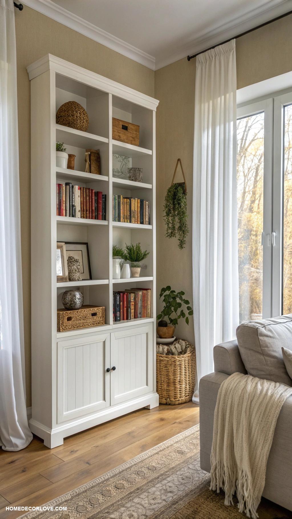 neutral living room Simple white bookshelf for organization