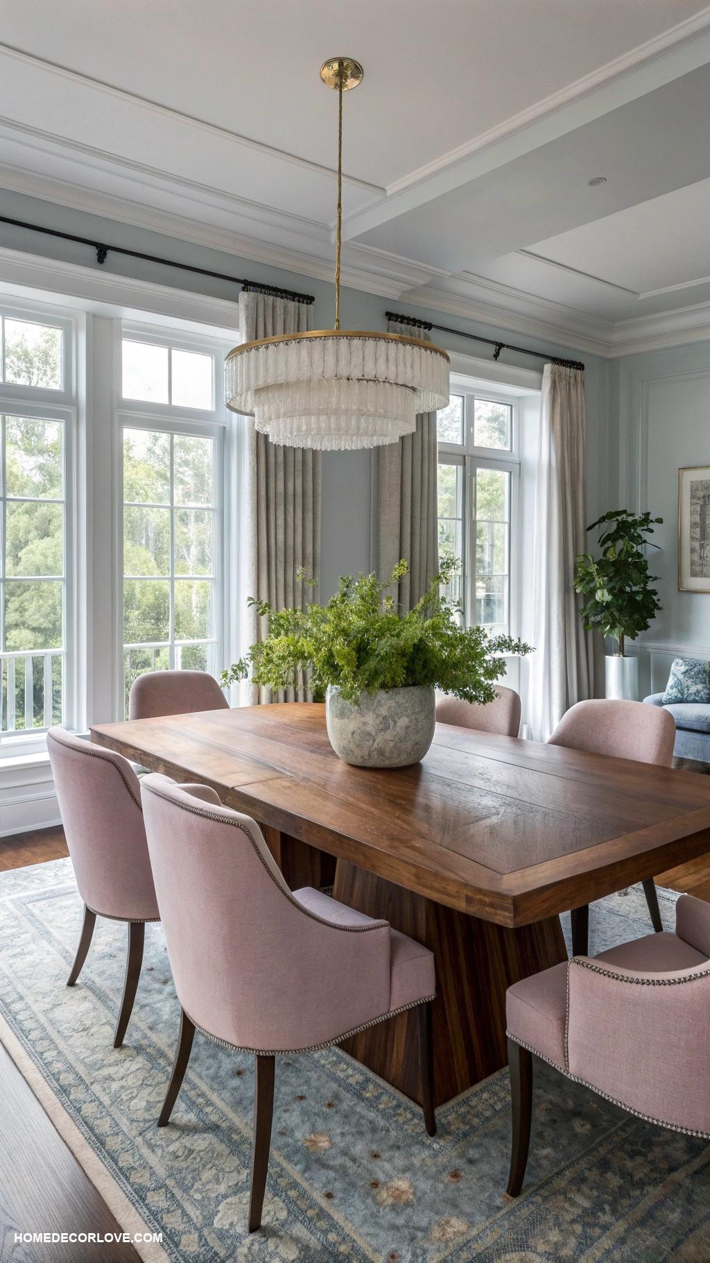 organic modern dining room Elegant walnut table with soft fabric chairs
