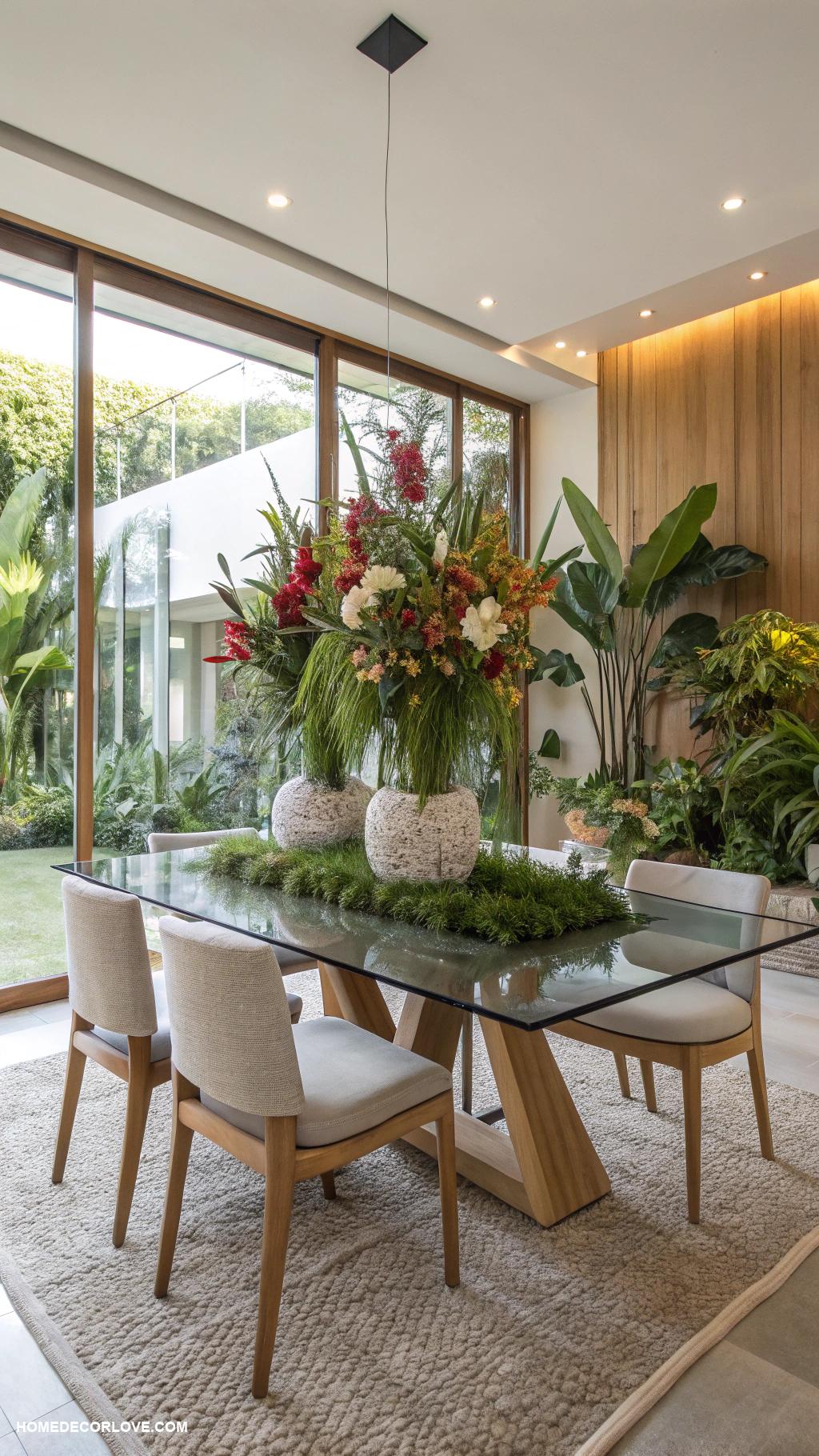 organic modern dining room Glass top table with vibrant greenery centerpiece