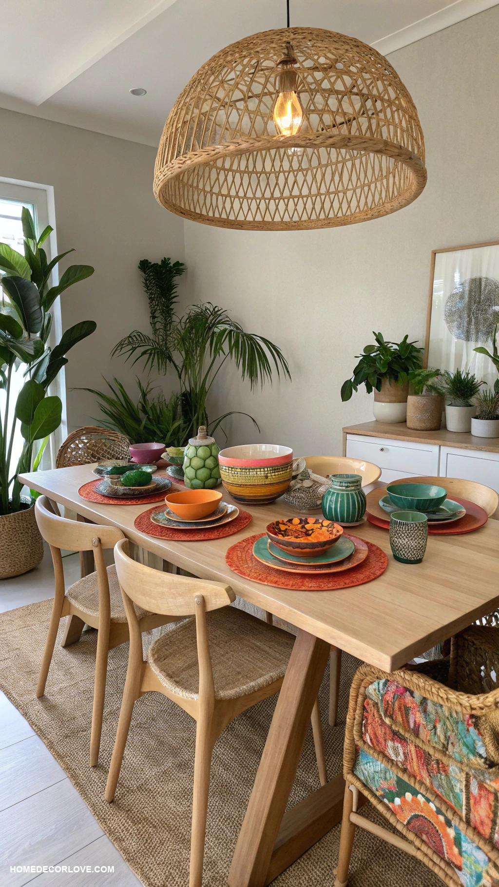 organic modern dining room Light wood table with colorful ceramic dishware