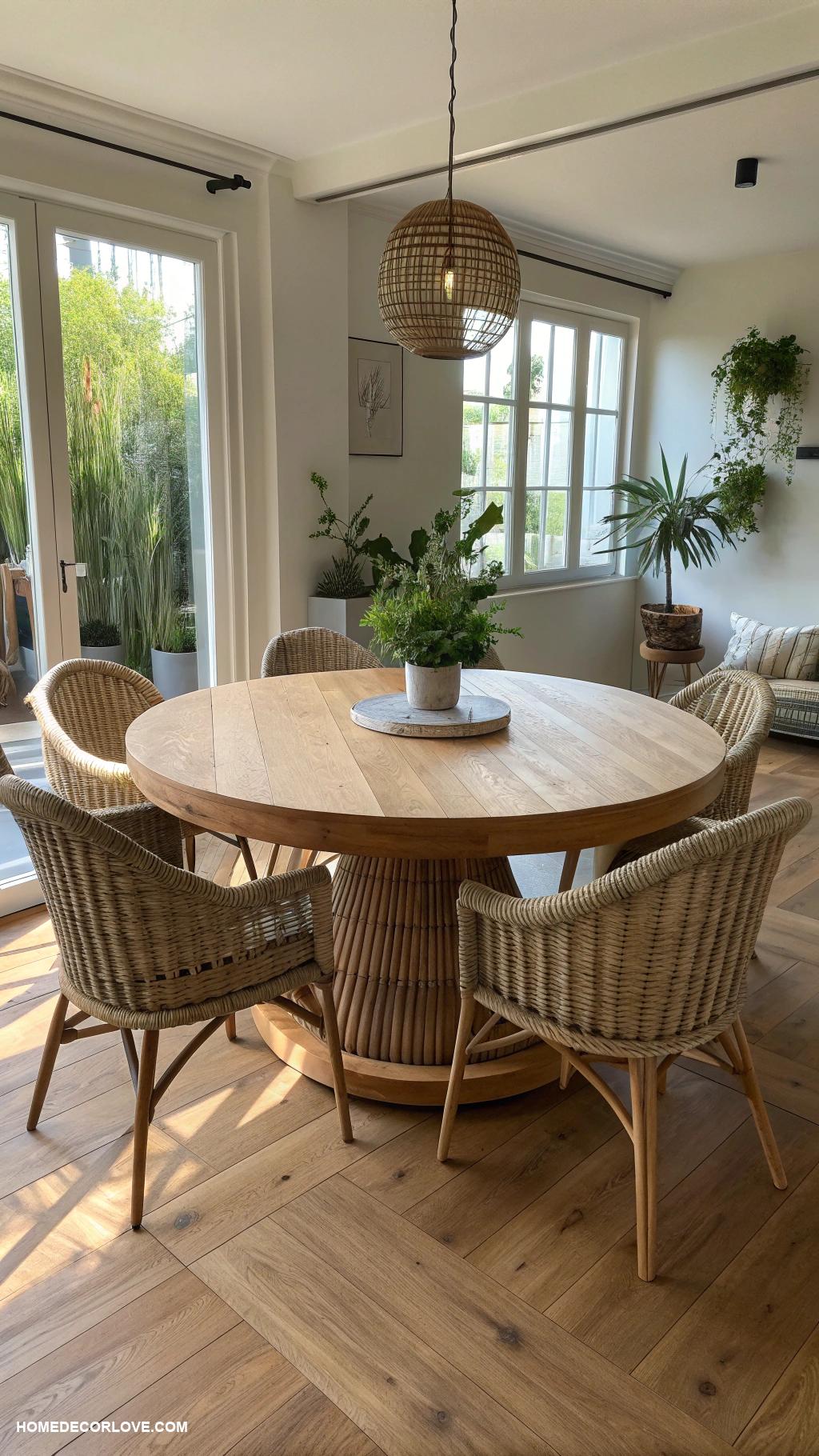 organic modern dining room Round oak table with woven rattan accents