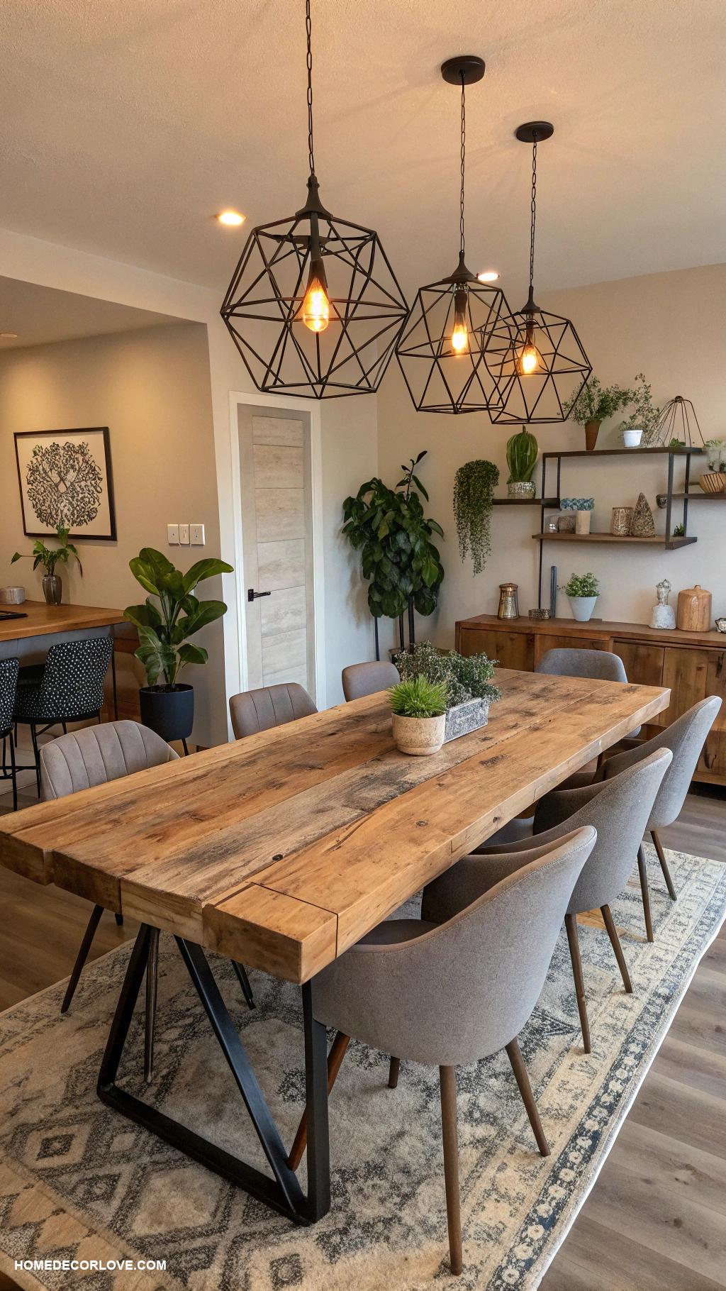 organic modern dining room Rustic farmhouse table with modern fixtures