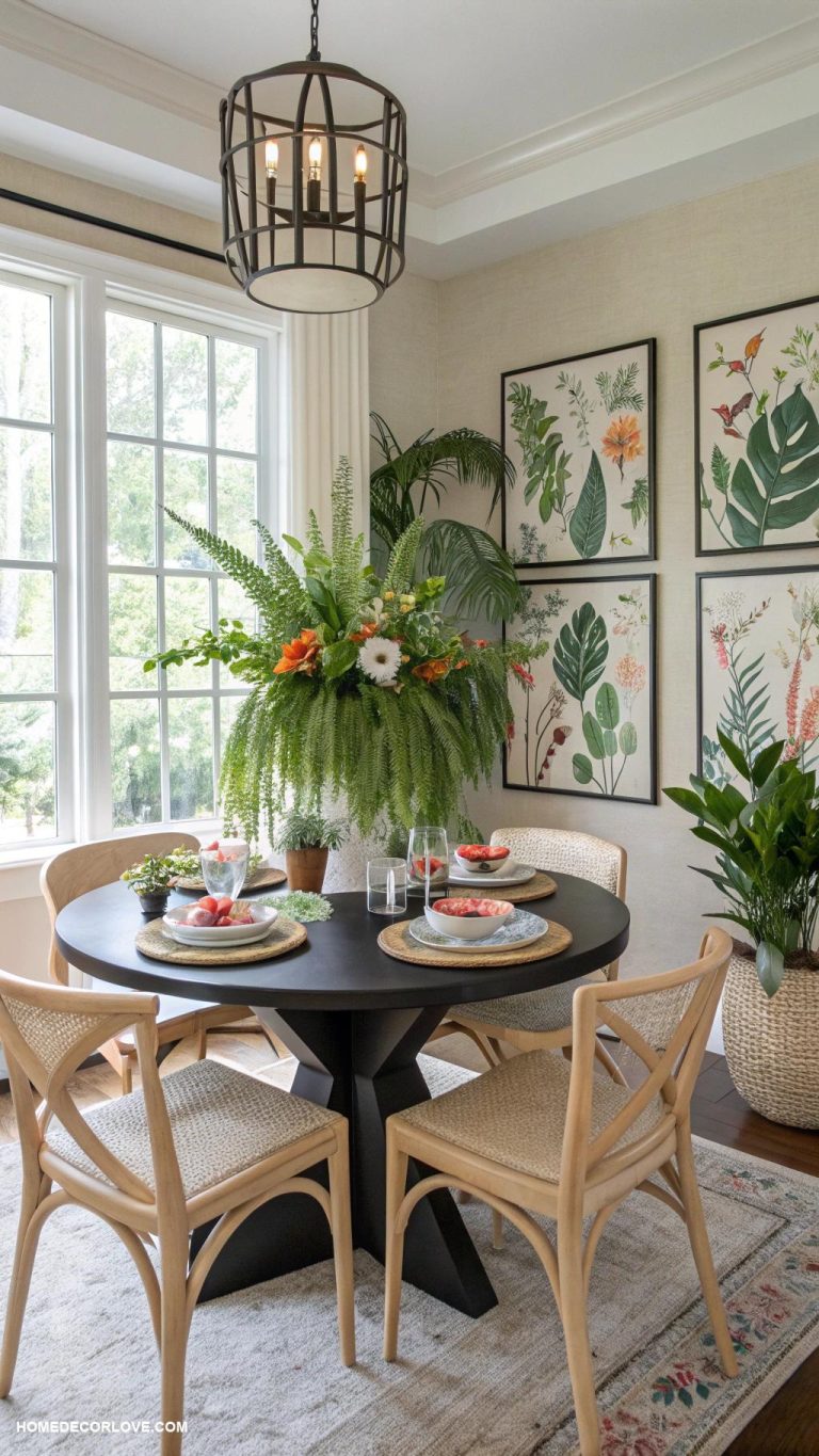 organic modern dining room Simple black table with botanical prints decor